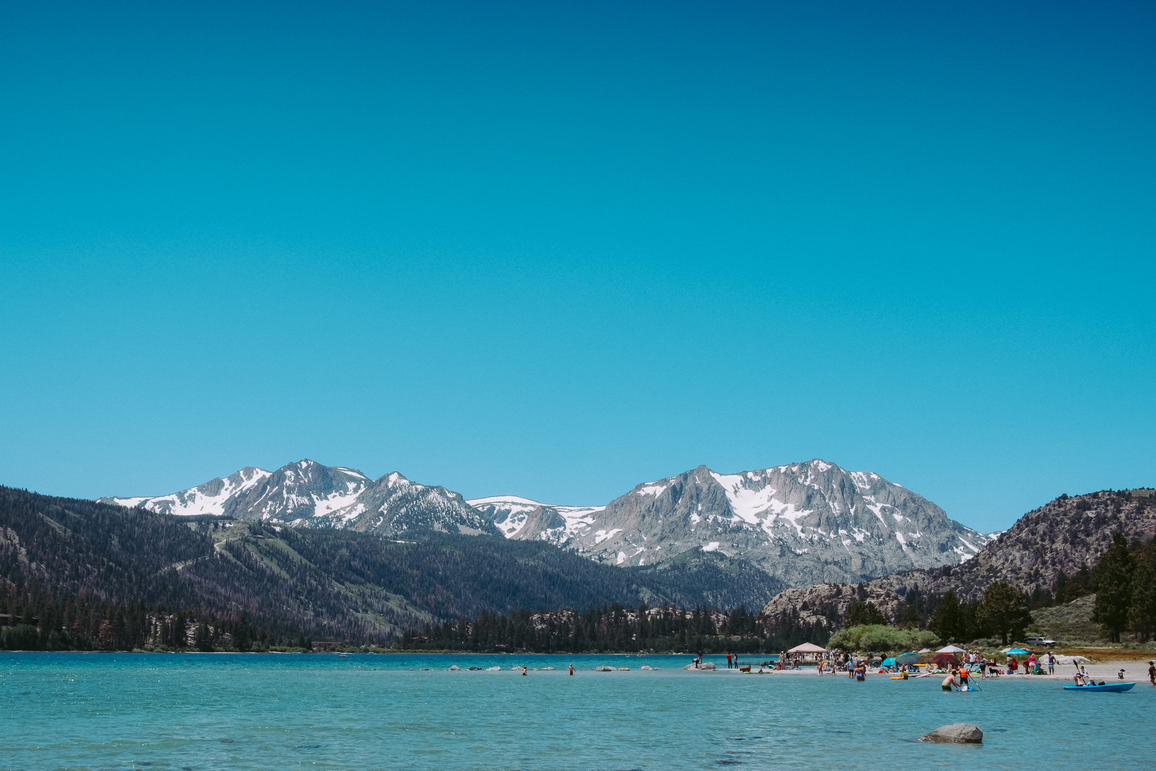 tranquil scene, swim, blue, real people, tranquility, scenics - nature, copy space, leisure activity, beauty in nature, non-urban scene, water, snowcapped mountain, HD Wallpaper