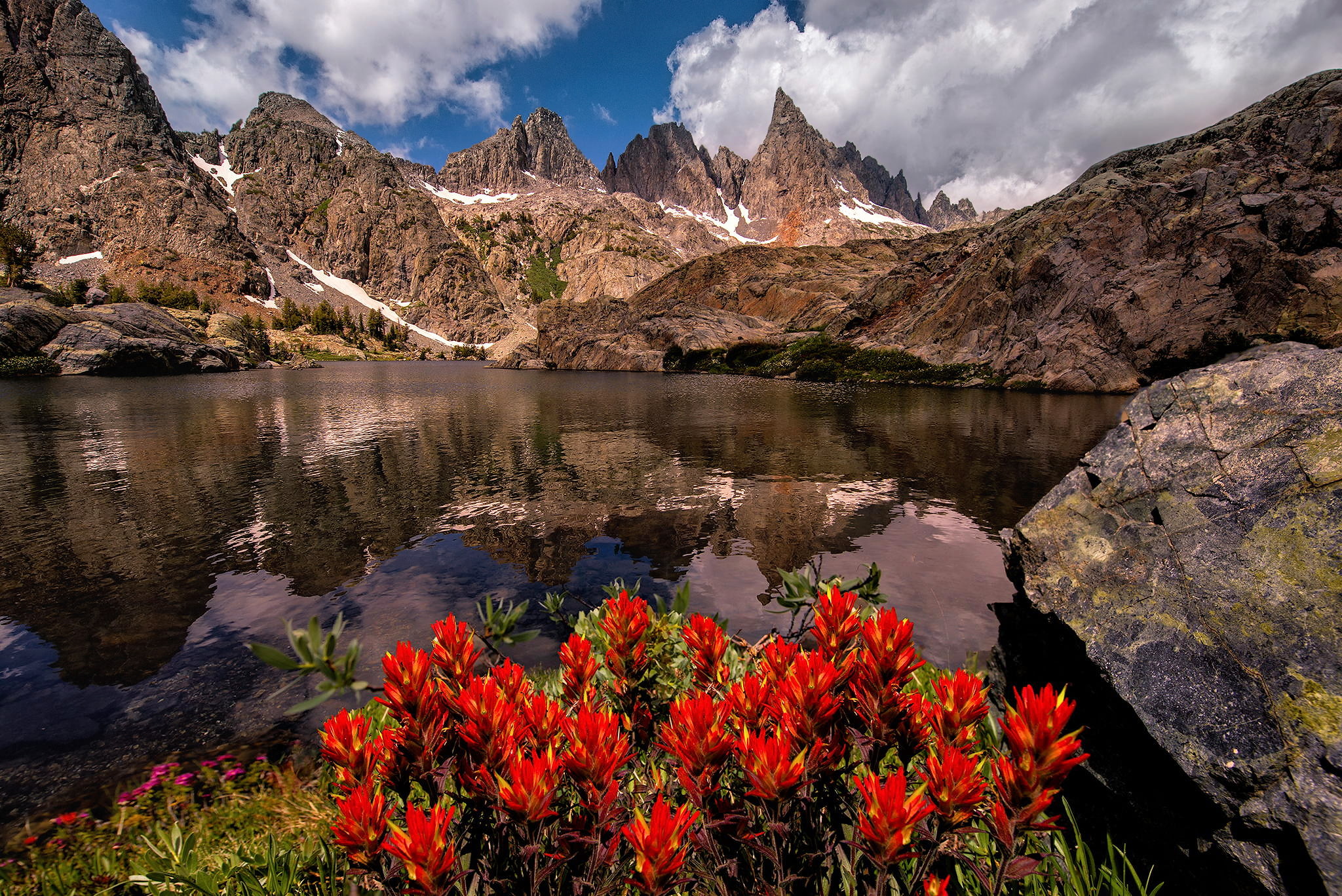 lake, USA, summer, Sierra Nevada, CA, July, 1080P, state, Minaret, flowers, mountain system, mountains, HD Wallpaper