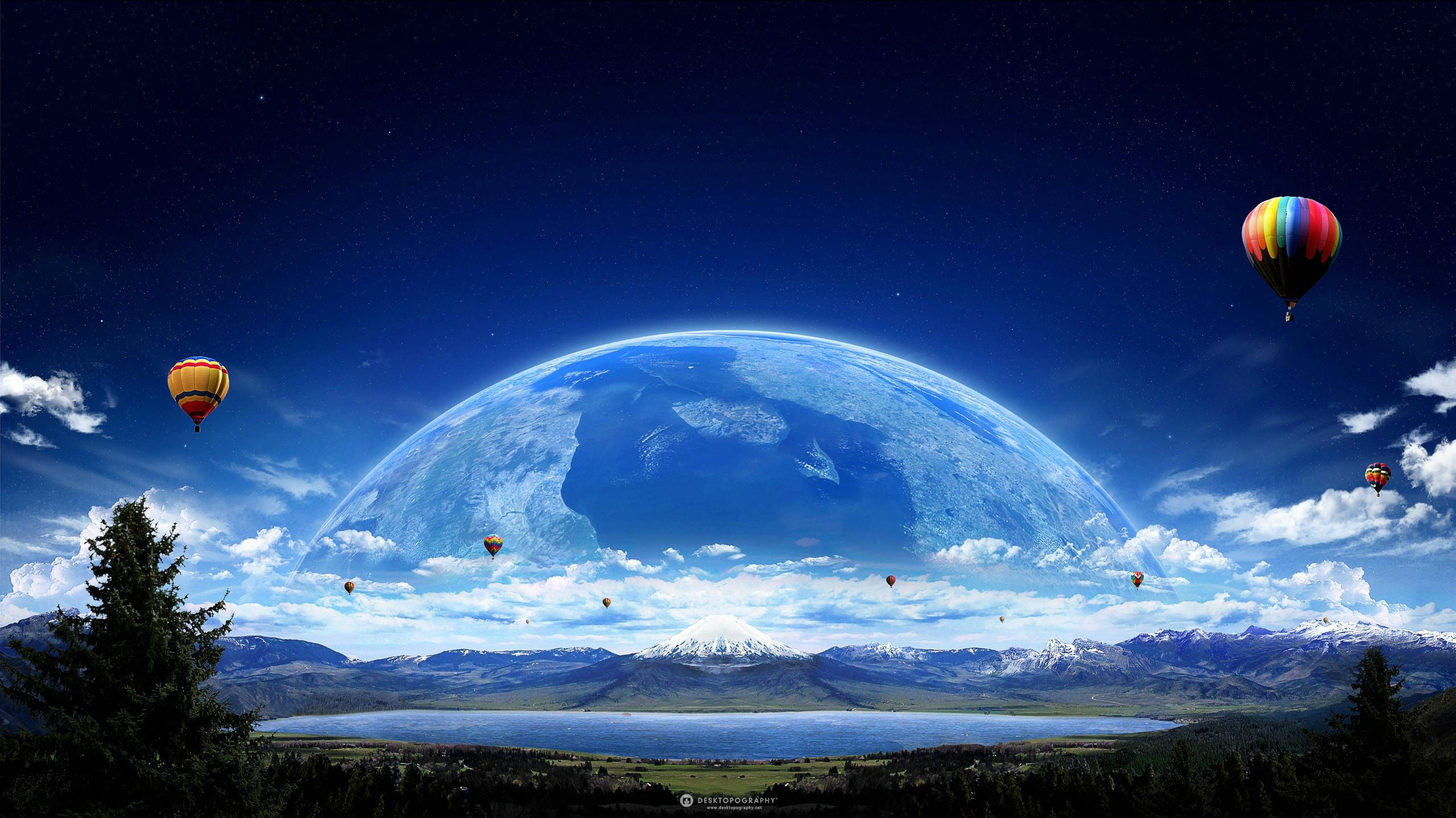 scenics - nature, air vehicle, no people, blue, hot air balloons, forest, mountains, multi colored, Desktopography, travel, 2K, adventure, flying, trees, HD Wallpaper