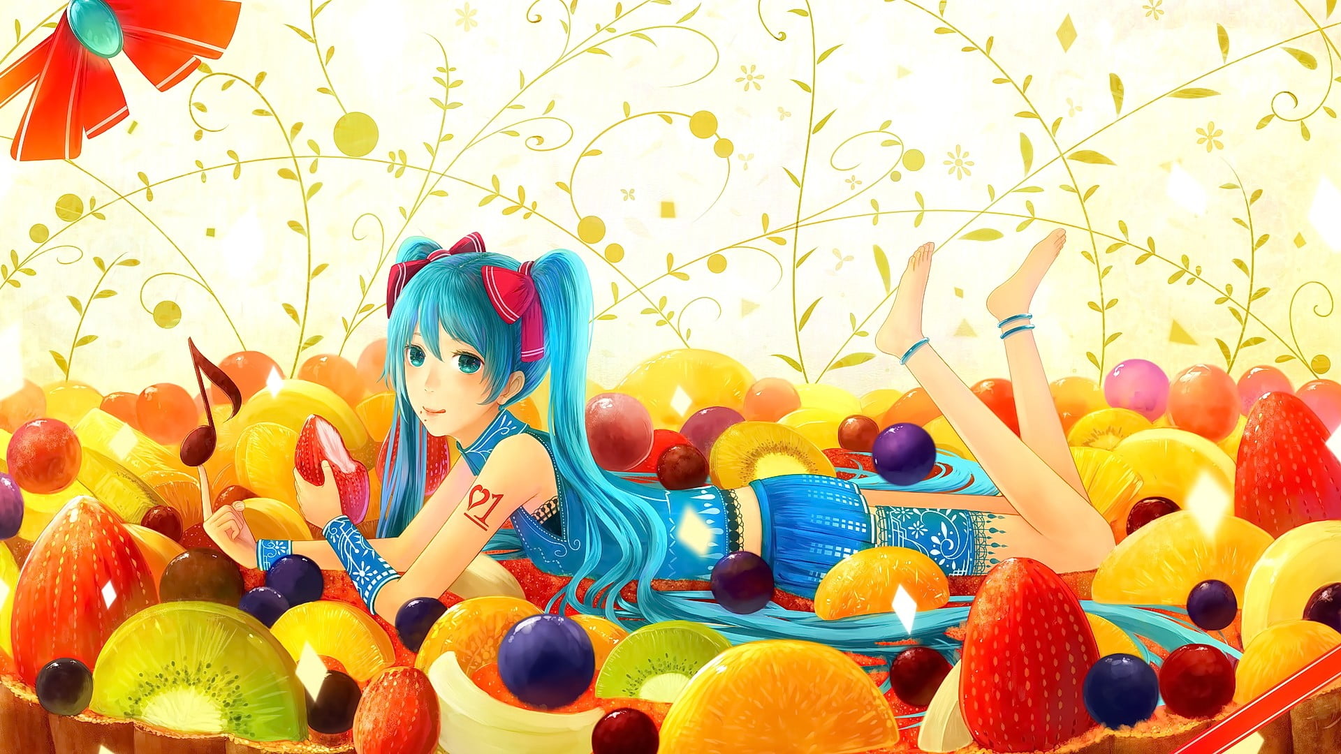 event, aqua hair, balloon, food, leisure activity, yellow, indoors, aqua eyes, looking at viewer, 1080P, people, representation, anime, multi colored, HD Wallpaper