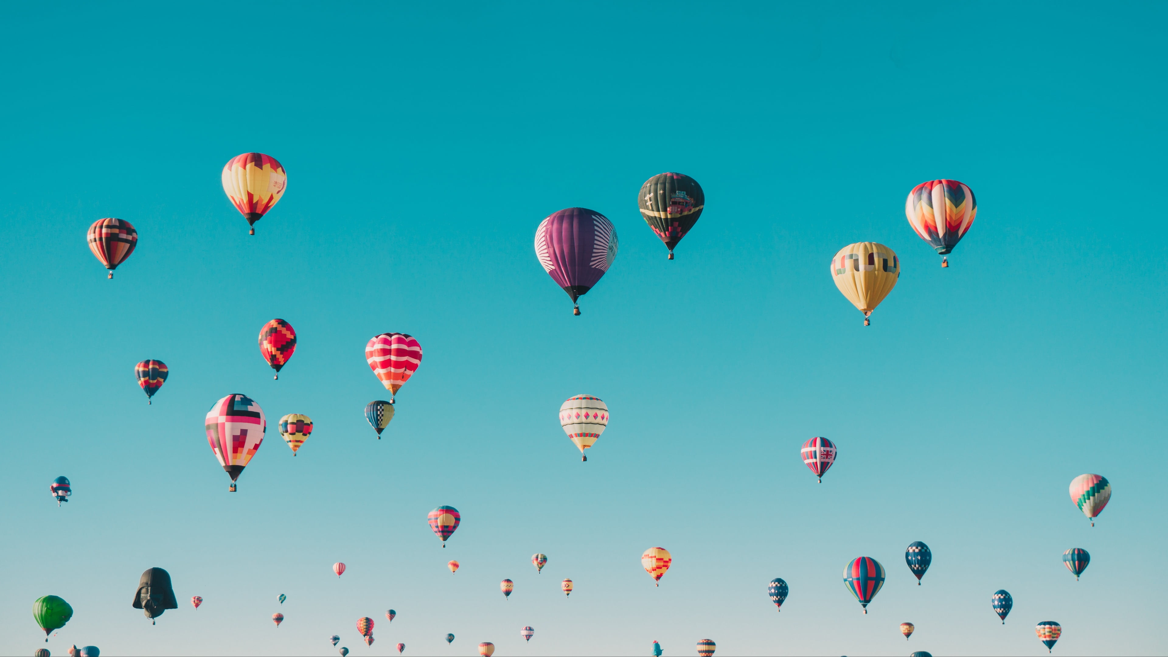 sky, outdoors, sunlight, hot air balloon, large group of objects, sport, 4K, blue, low angle view, transportation, air vehicle, freedom, clear sky, colored background, HD Wallpaper