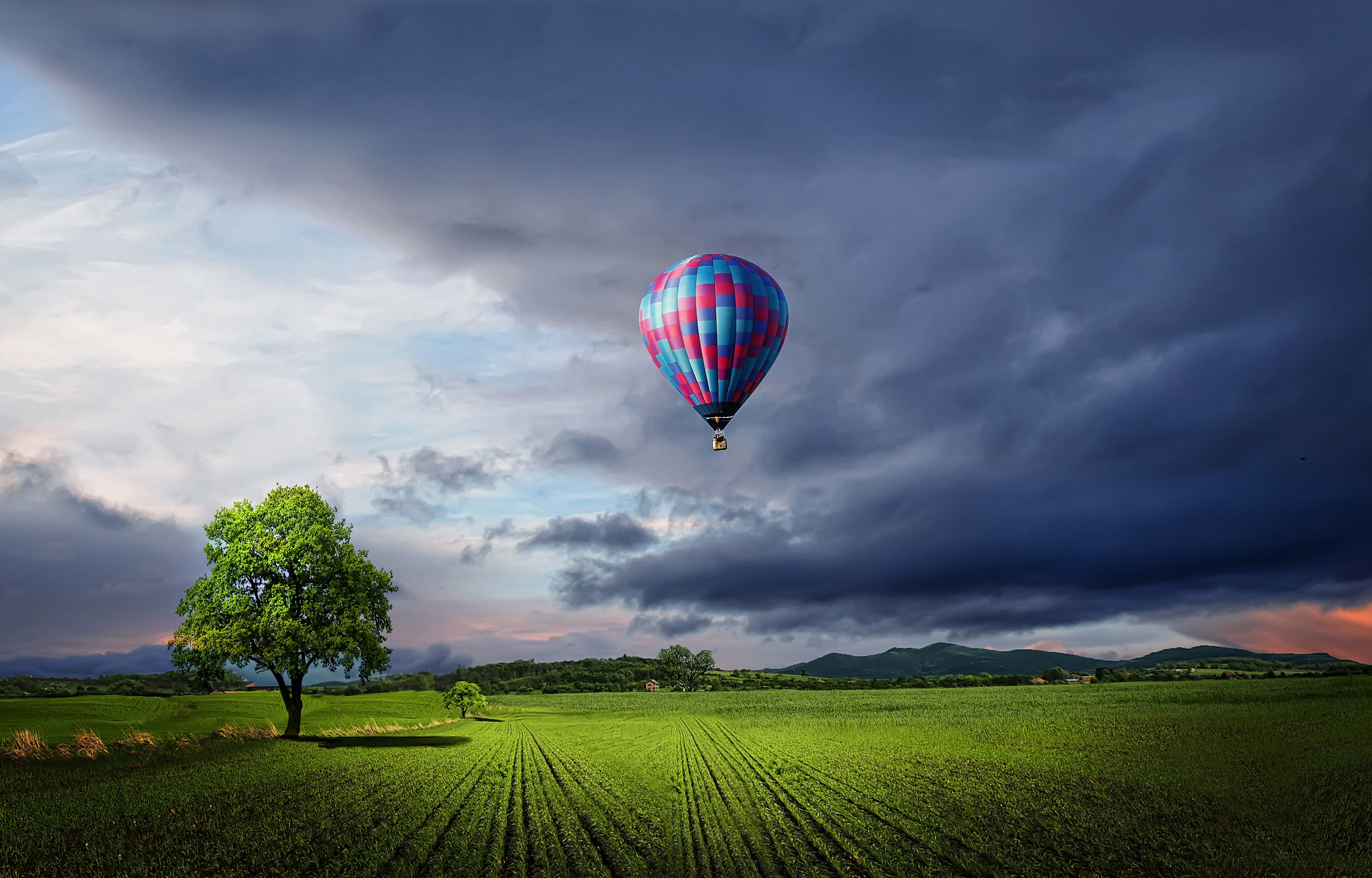 transportation, air vehicle, environment, Landscape, ballooning festival, plantation, tranquil scene, cloud - sky, Hot Air Balloon, scenics - nature, agriculture, HD Wallpaper