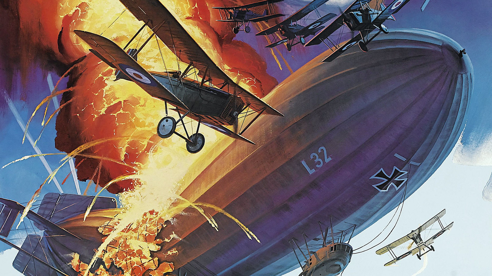 the sky, fire, the airship, flame, art, The first world war, 1080P, air, battle, aircraft, HD Wallpaper