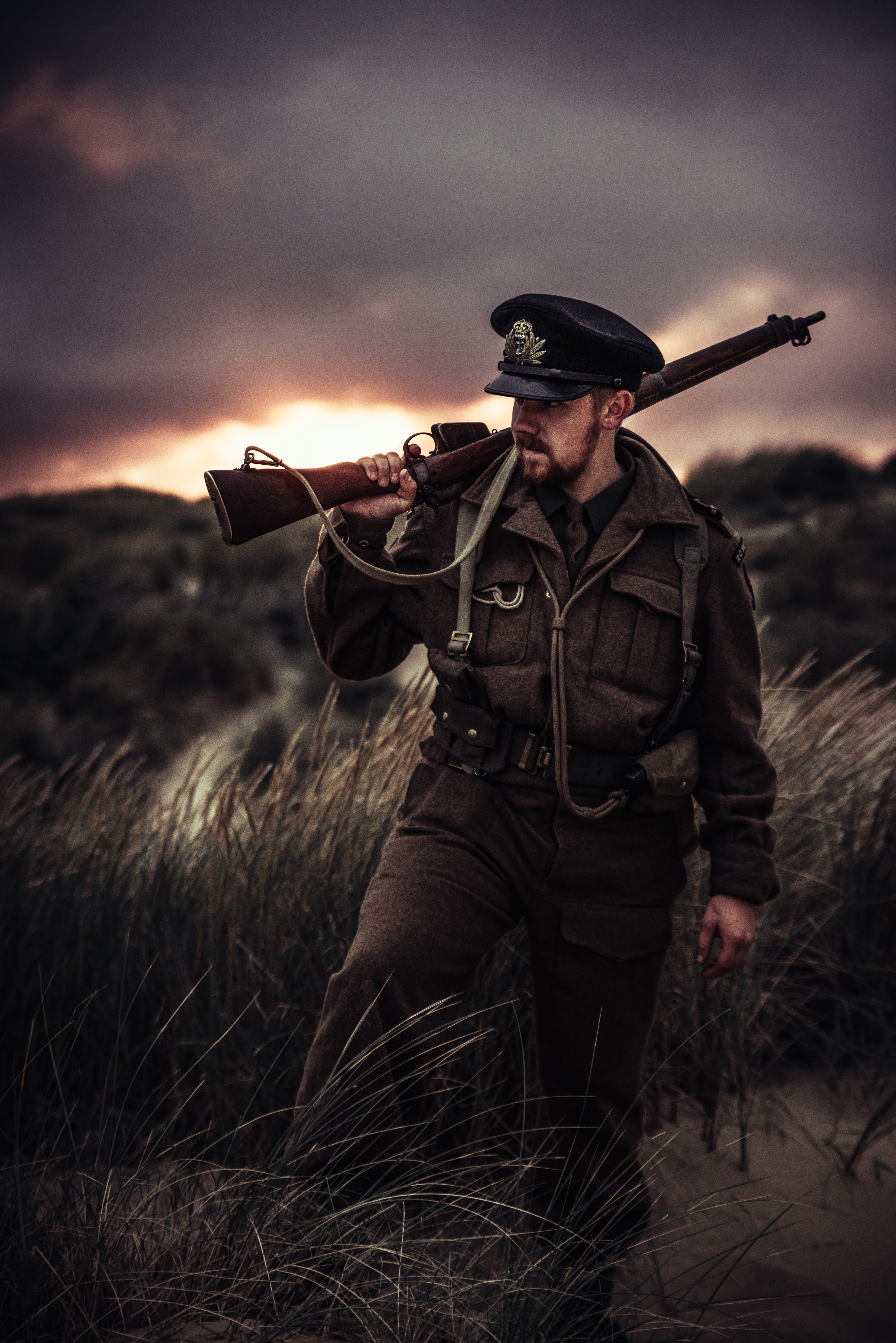 standing, sunset, government, hunter, military, navy, grass, clothing, one person, soldier, holding, gunfighter, nature, landscape, field, uniform, gun, Phone HD Wallpaper