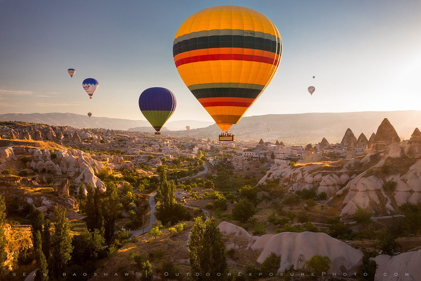 landscape, urgup, tree, sunlight, sky, 720P, balloons, goreme, turkey, HD Wallpaper
