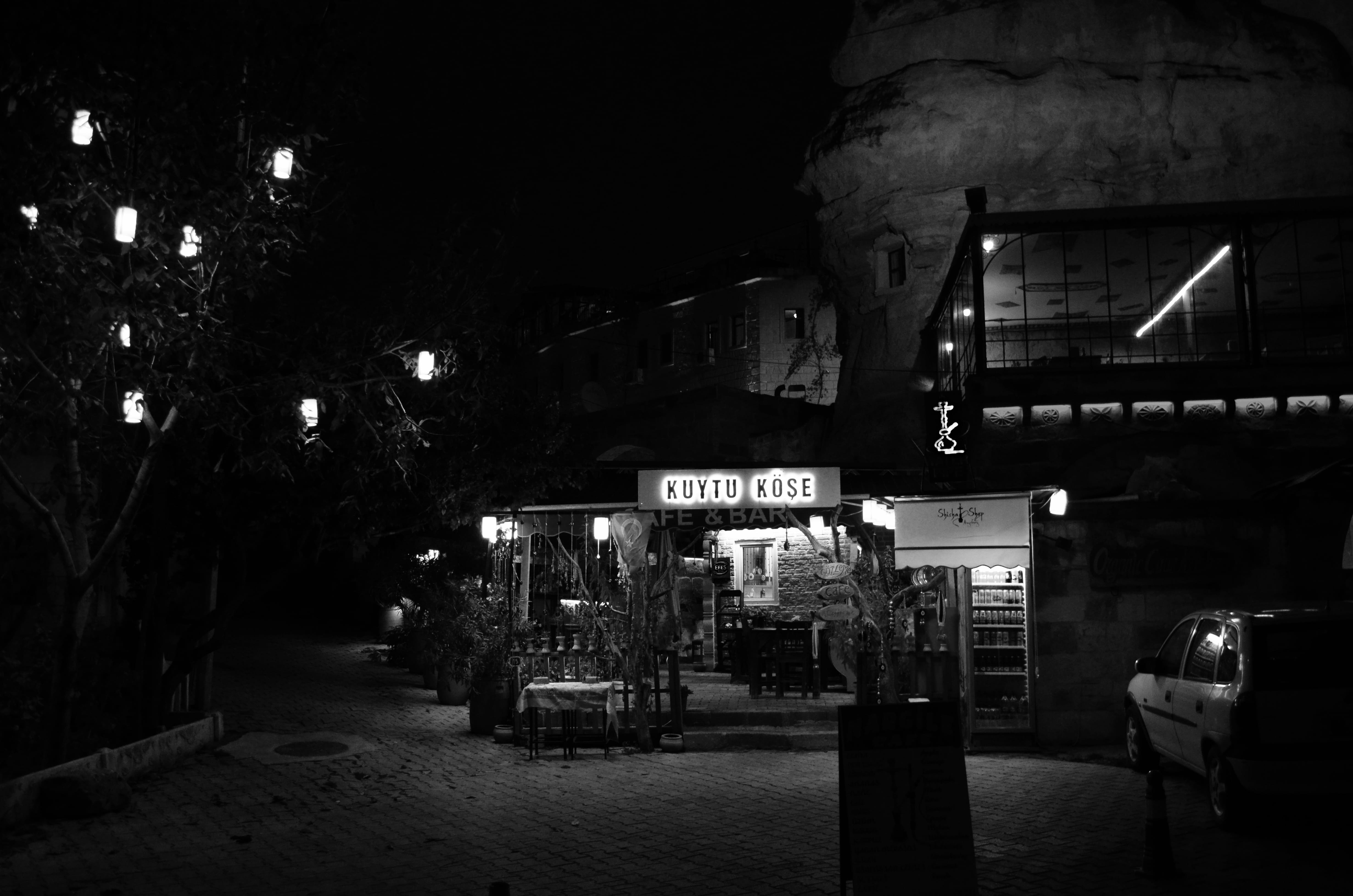 winter, night, communication, illuminated, empty, lamp, incidental people, lighting equipment, city, cafe, black and white, outdoors, turkey, lonely, göreme, HD Wallpaper