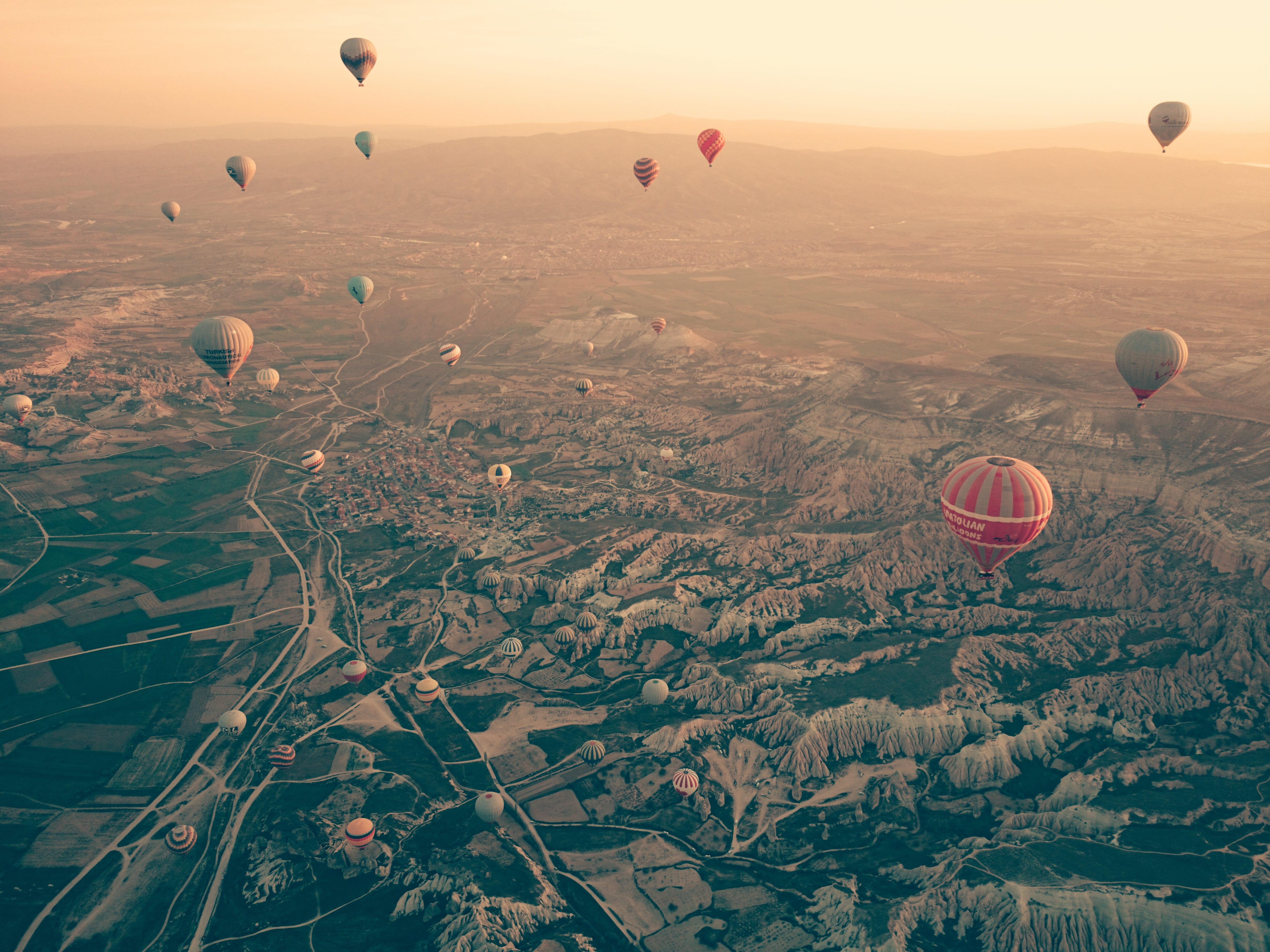 hot, no people, mountain, air vehicle, agriculture, scenics - nature, aerial, adventure, turkey, travel destinations, aerial photography, ballooning festival, HD Wallpaper