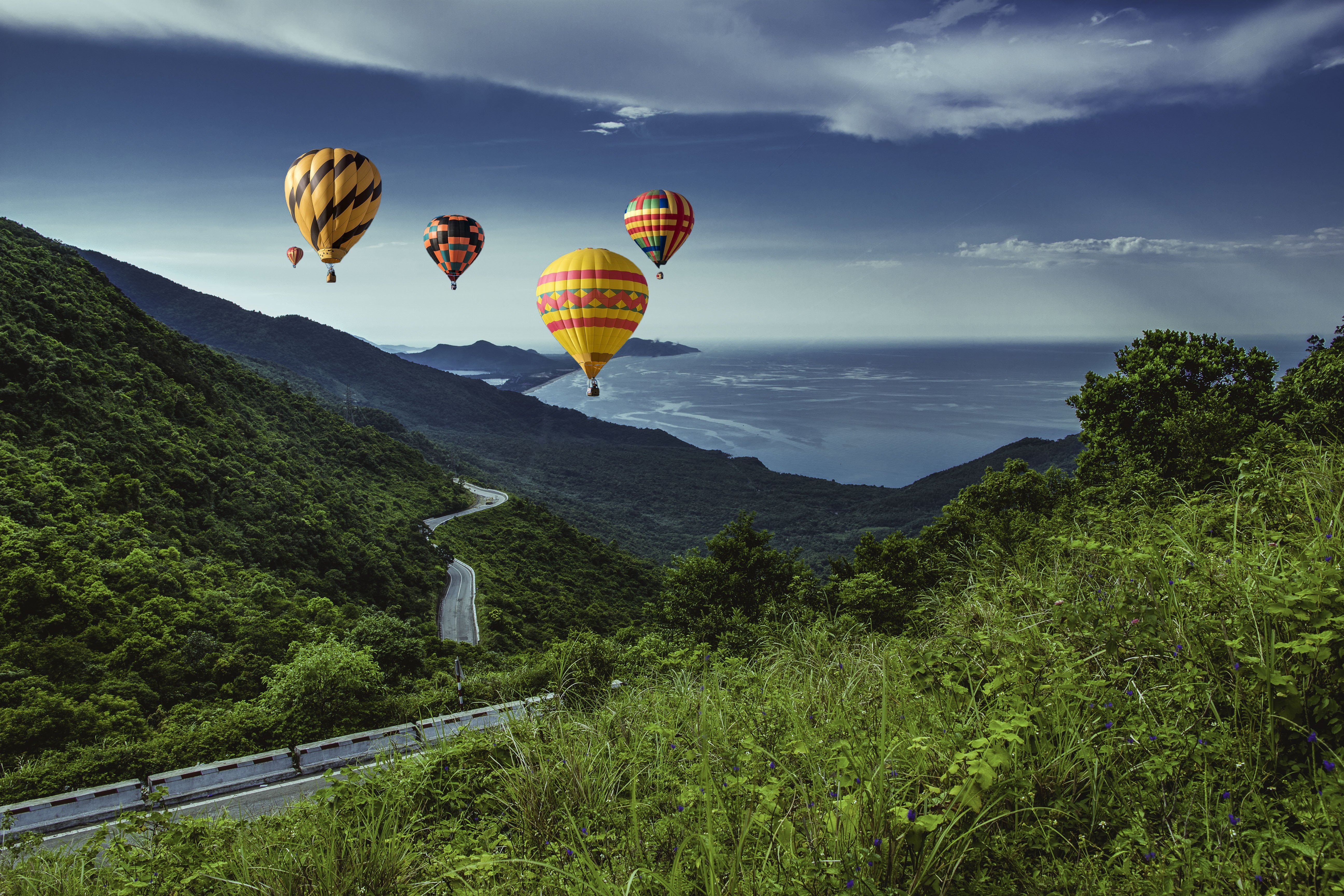 tourist, rock, travel, balloons, scenics - nature, nature, five, flying, day light, sunny, mid-air, trip, cloud, leisure, landscape, peak, sea, hiking, HD Wallpaper