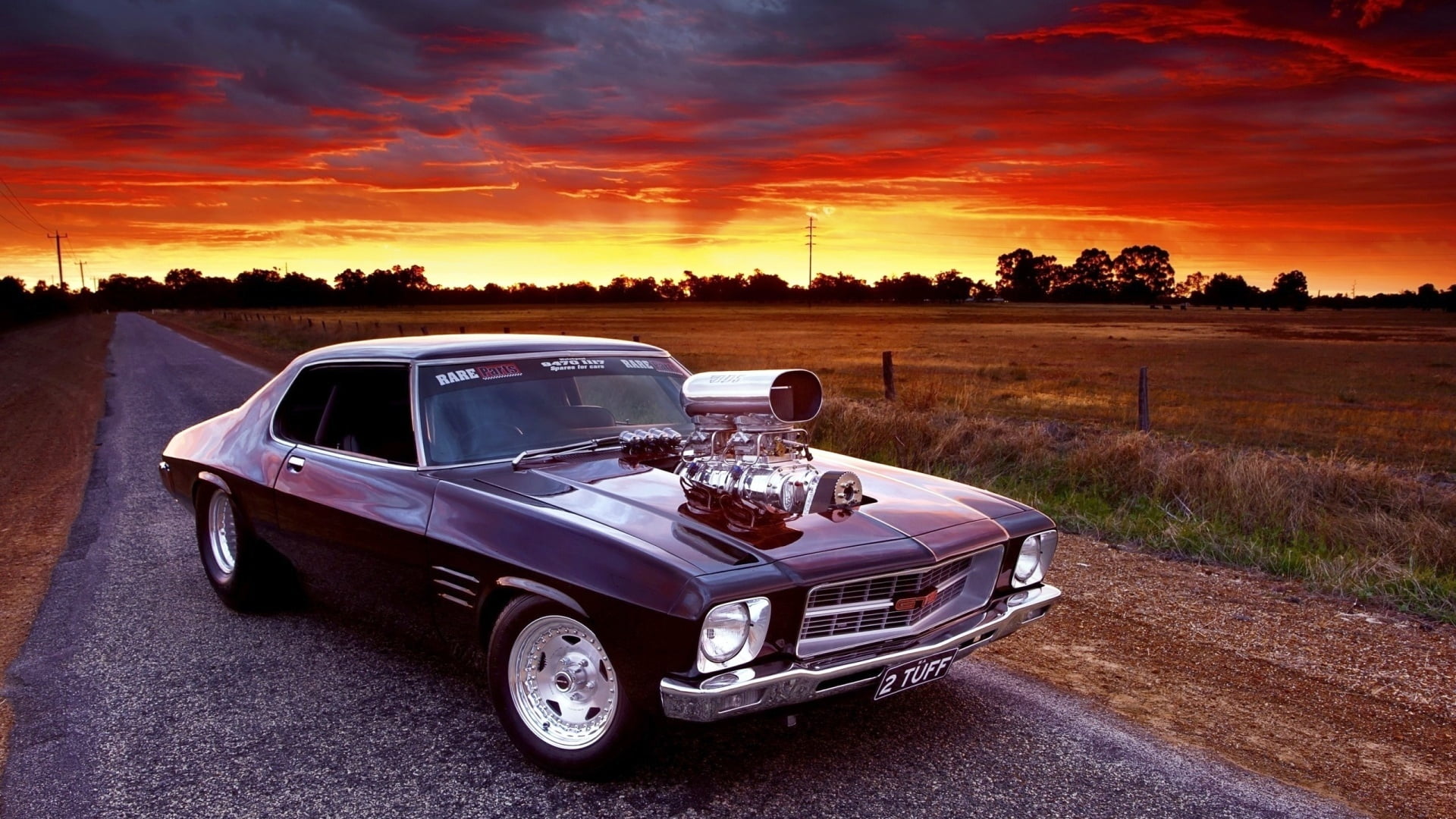 cloud - sky, 1080P, car, tuff, mode of transportation, tree, sunset, sky, retro styled, road, vintage car, transportation, classic car, muscle car, orange color, HD Wallpaper