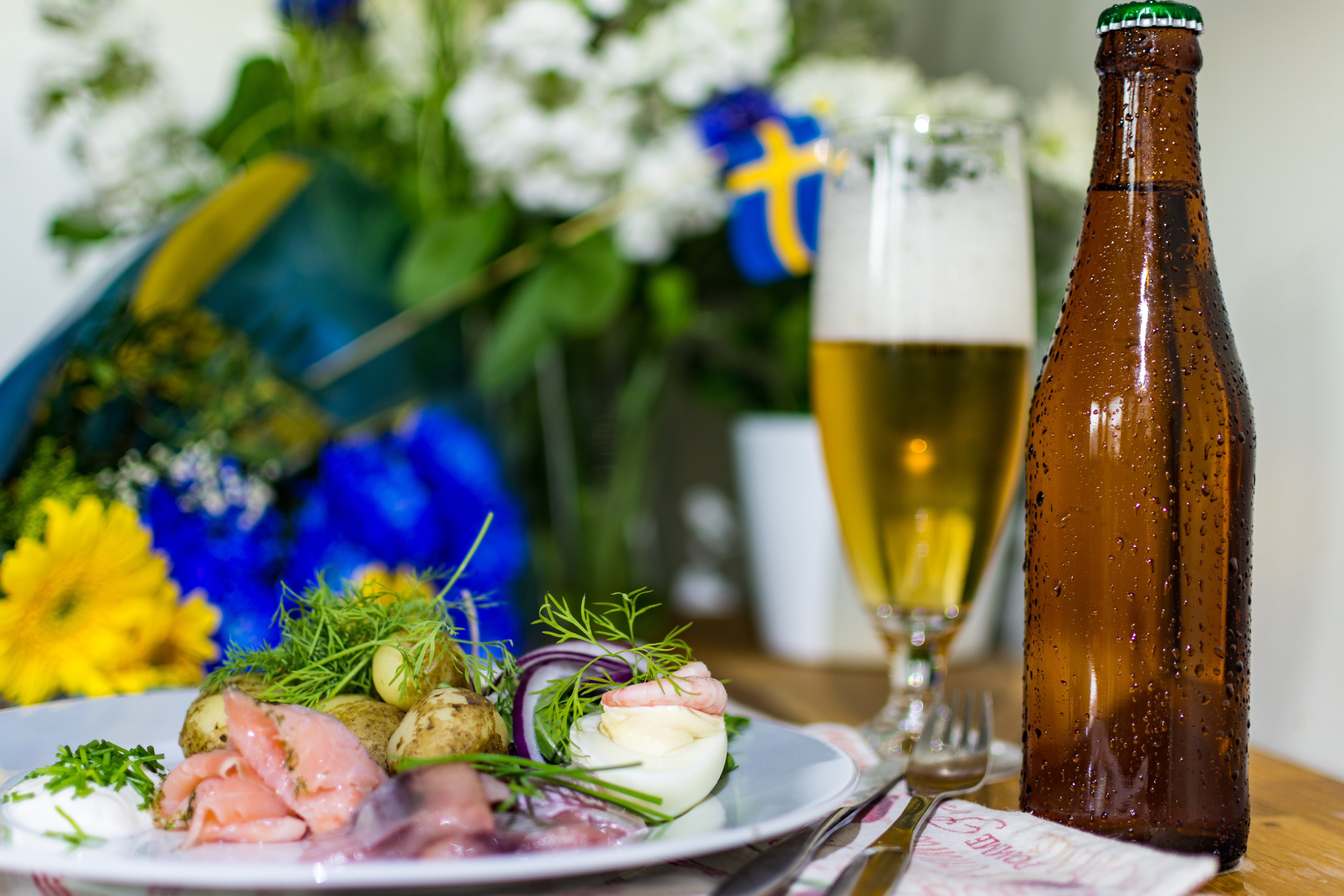 bottle, sweden, brown, summer food, flag, container, dill, crockery, freshness, plant, potato, wellbeing, mat, healthy eating, midsommarmat, glass, no people, HD Wallpaper