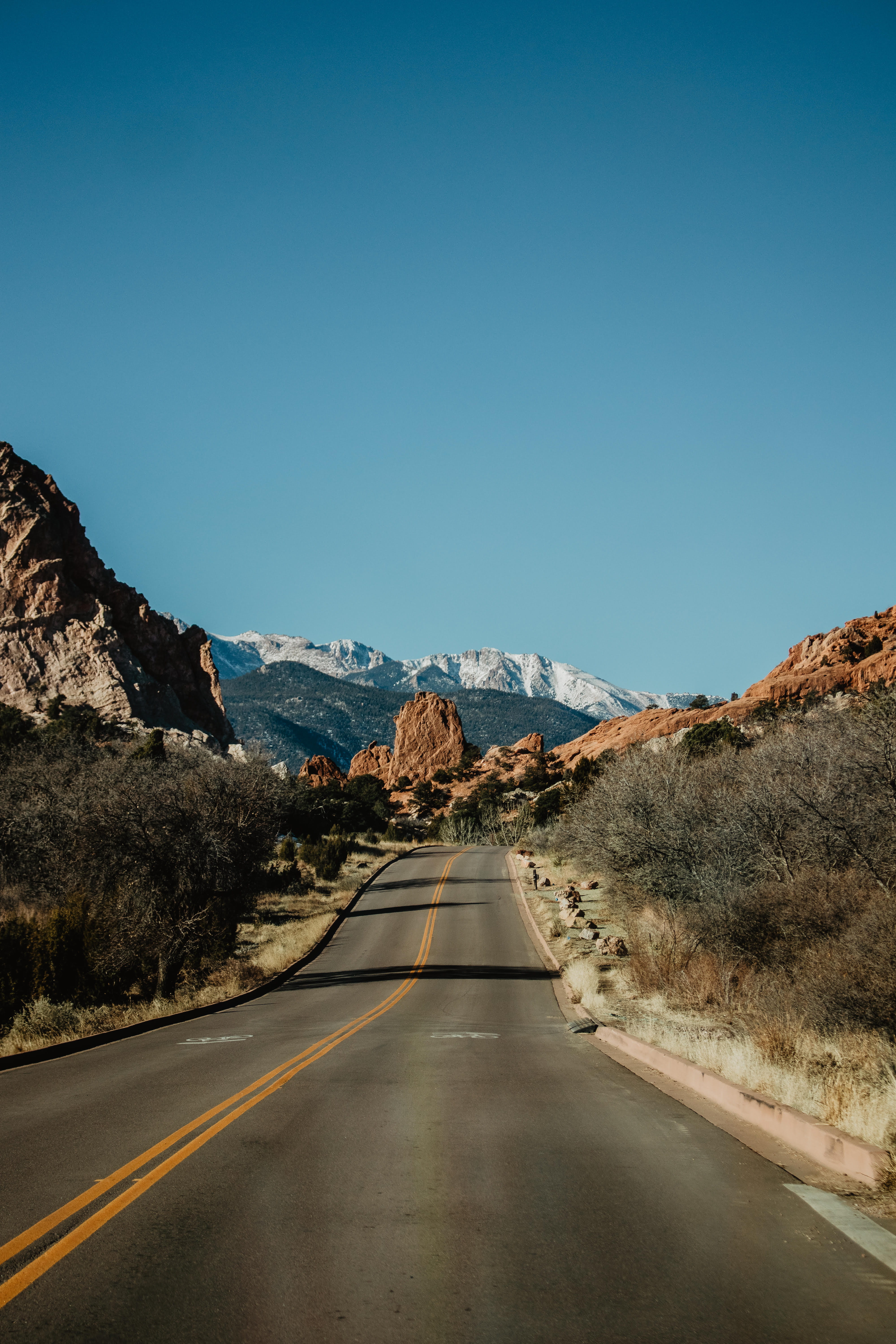 mountain, pavement, scenics - nature, sky, clear sky, no people, non-urban scene, tarmac, direction, rock, park, colorado, way, tranquil scene, environment, Phone HD Wallpaper