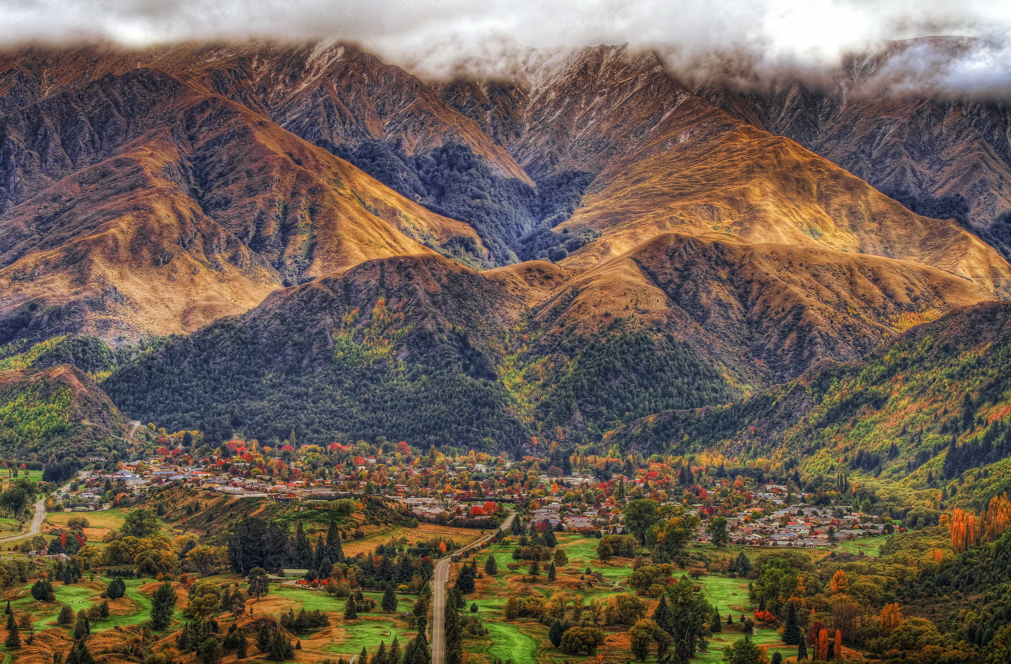 mountains, town, 2K, road, trees, New Zealand, Arrowtown., forest, HD Wallpaper