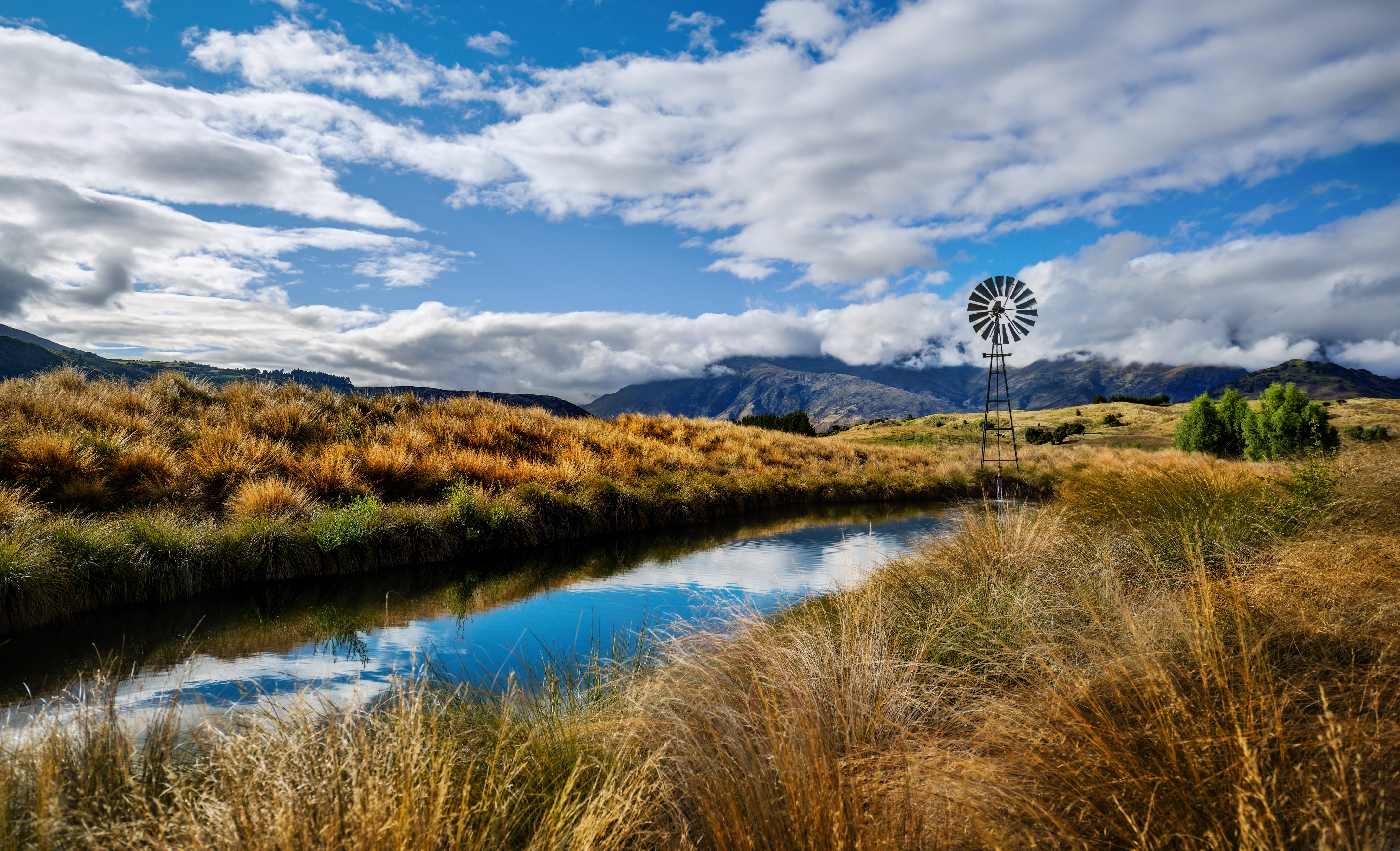 grass, Windmill, south island, Te Waka a Maui, blue, Still, com, shotover river, sky, day, village, Nikon d800, outdoors, field, gold mine, arrow river, HD Wallpaper