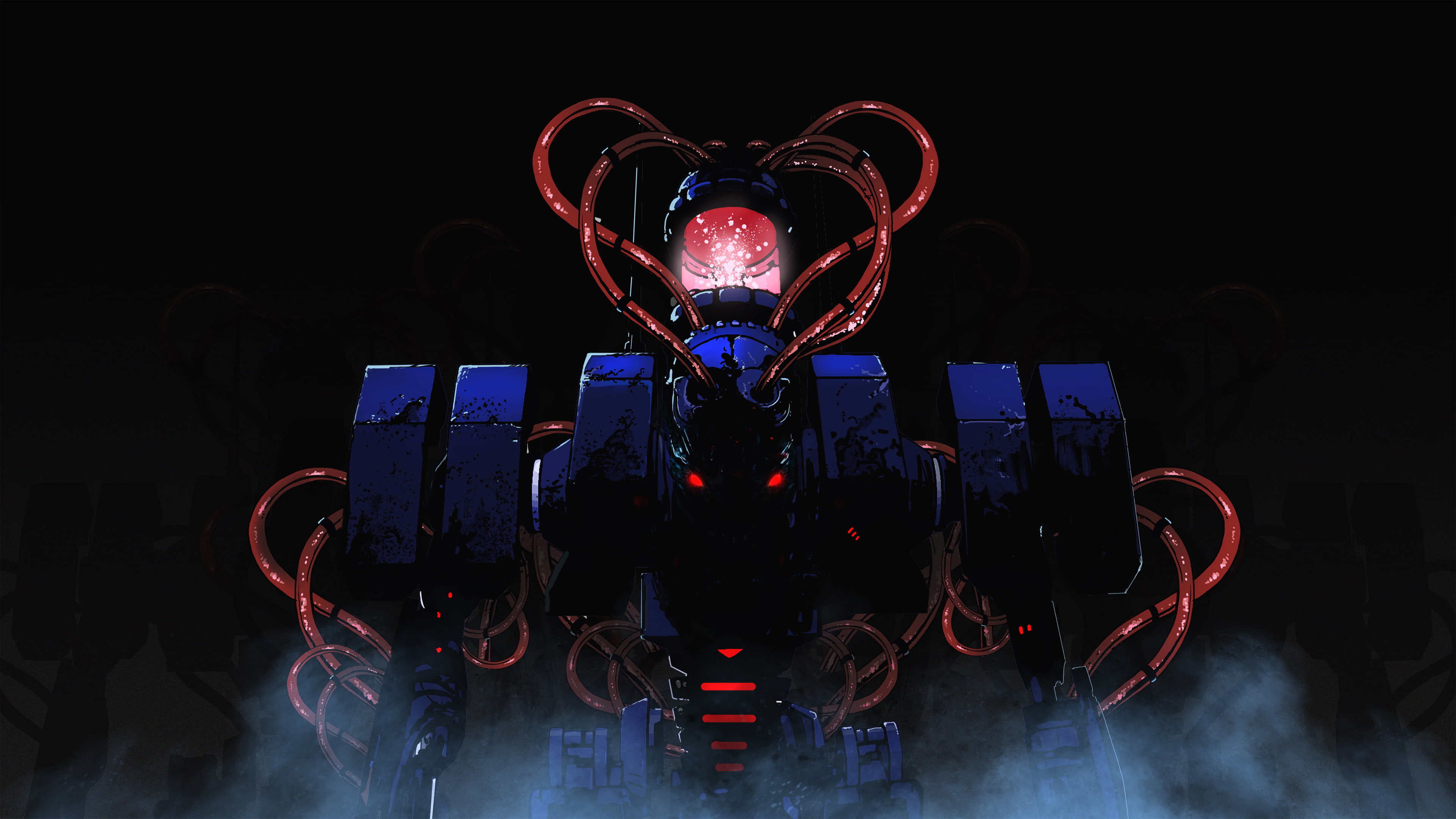 studio shot, one person, science, 4K, Action, dark, Nex Machina, men, red, front view, 4K, waist up, 2017, illuminated, technology, Arcade style, digital composite, HD Wallpaper