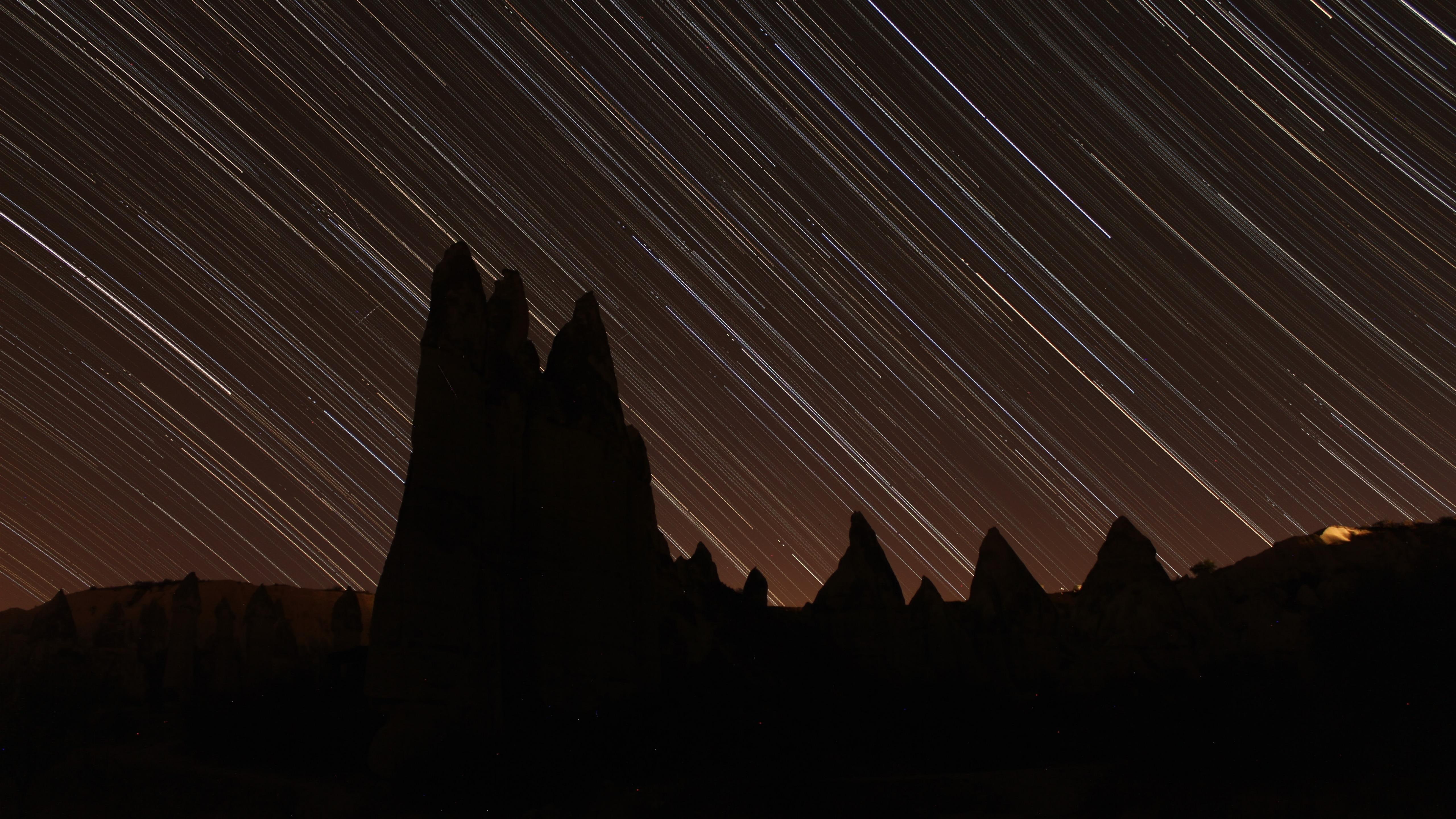 darkness, photography, starry night, national park, night, star trails, cappadocia, göreme national park, long exposure photography, night sky, stars, 5K, HD Wallpaper
