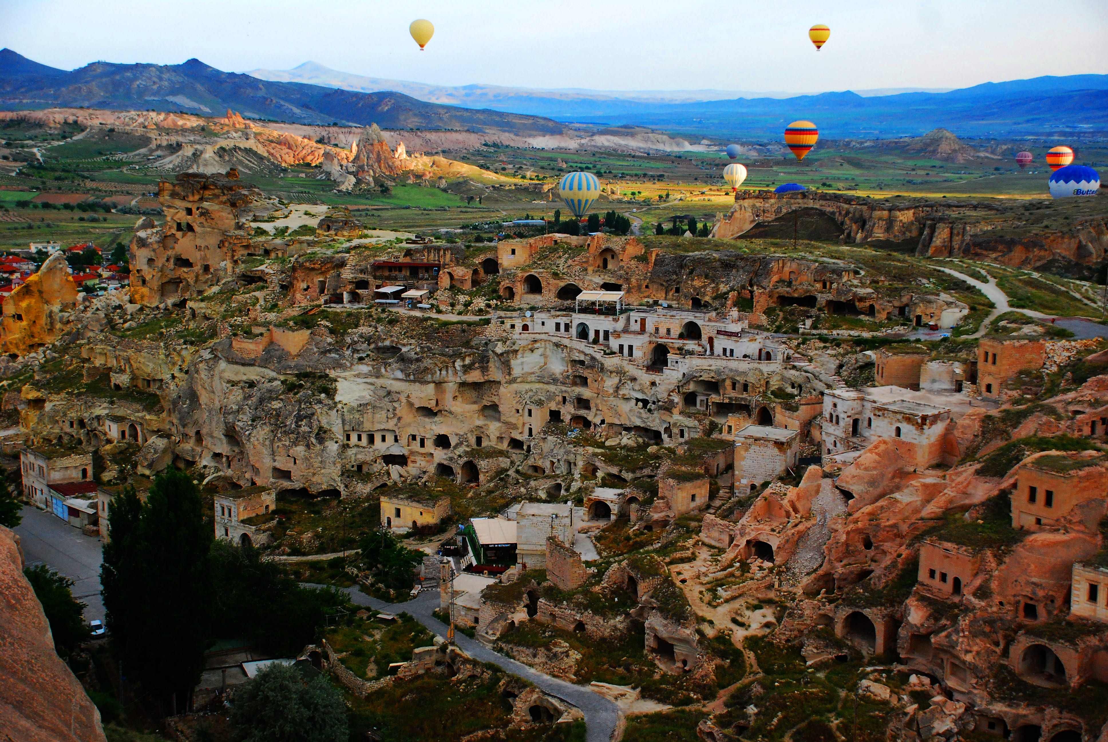 nature, hot air balloon, sky, hot, outdoors, environment, turkey, cappadocia, mountain, no people, architecture, scenics - nature, history, the past, rock - object, HD Wallpaper