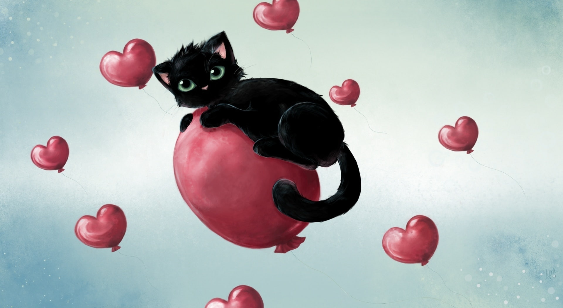 emotion, feline, Cute, Holidays, blue background, Heart, domestic cat, black color, animal themes, red, mid-air, no people, digital composite, balloon, HD Wallpaper