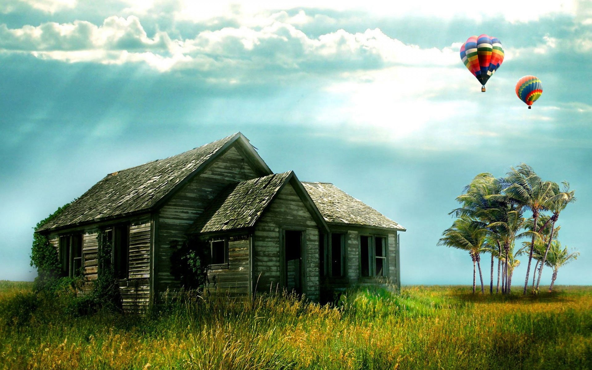 sky, 1080P, balloons, house, baloons, fantasy, HD Wallpaper