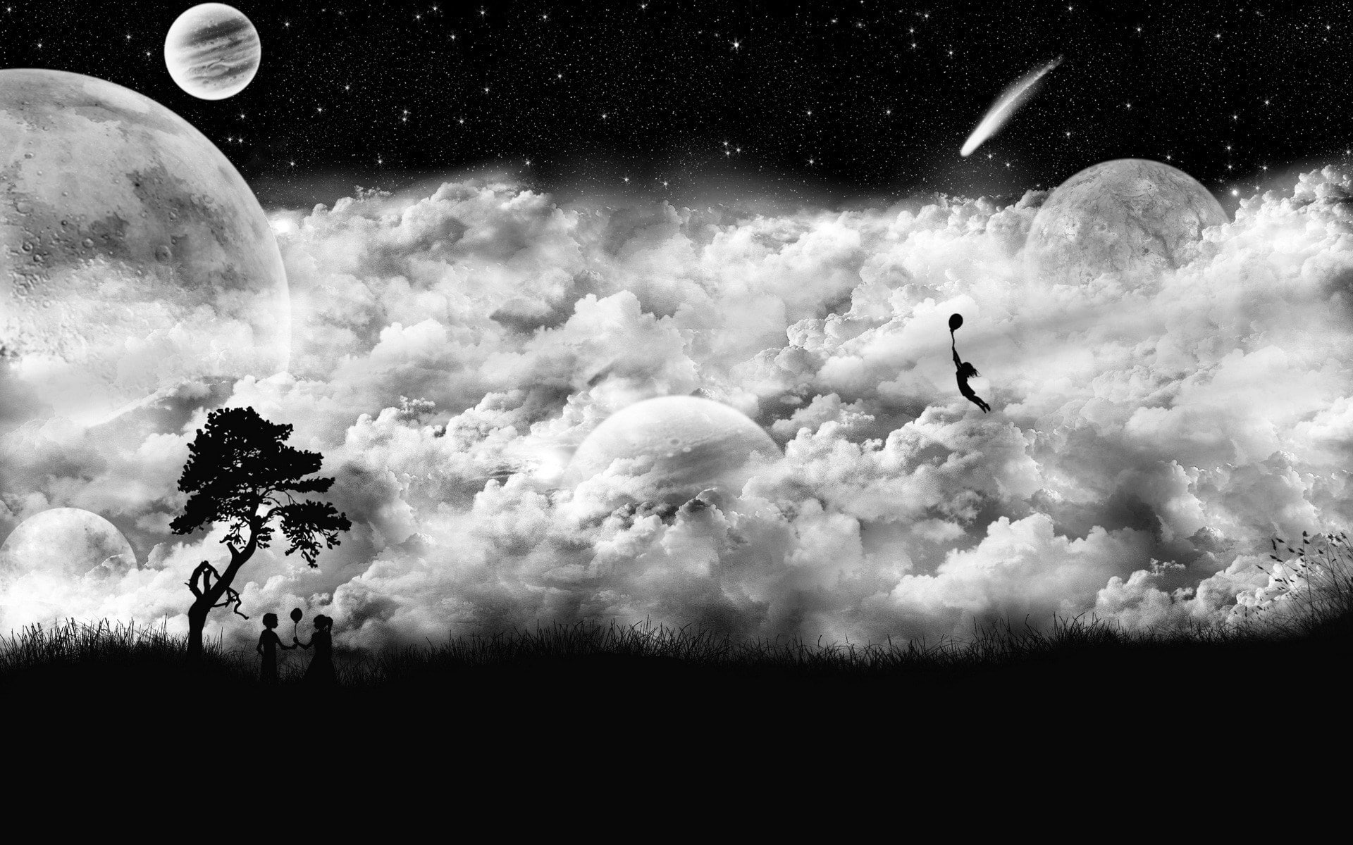 dark, flying, 1080P, space, Baloon, kids, storm, art, hd, comet, Clouds, HD Wallpaper