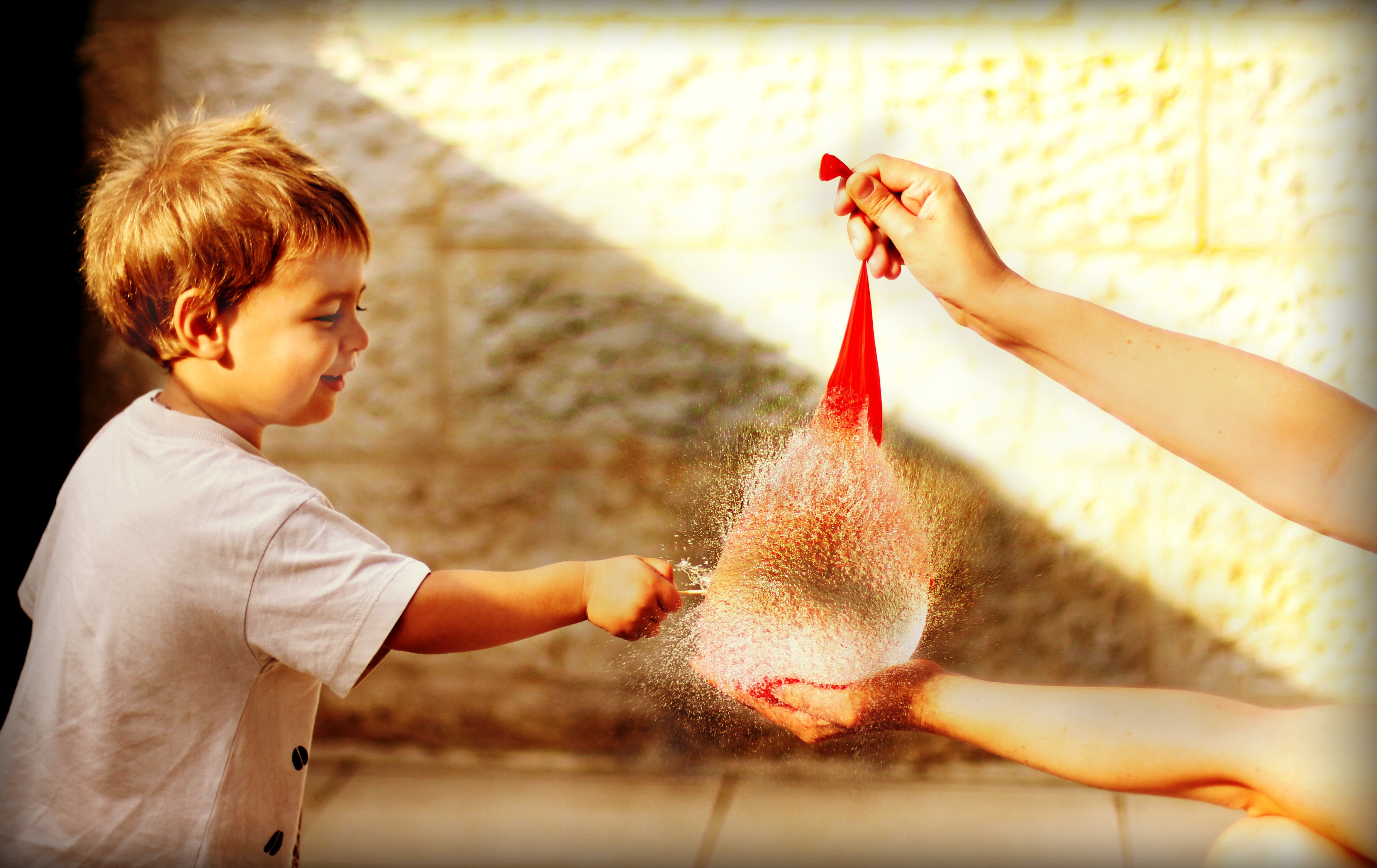 people, childhood, boys, lifestyle, white, food and drink, popping, balloon, child, high speed picture, shirt, red, happy, innocence, one person, cheerful, HD Wallpaper