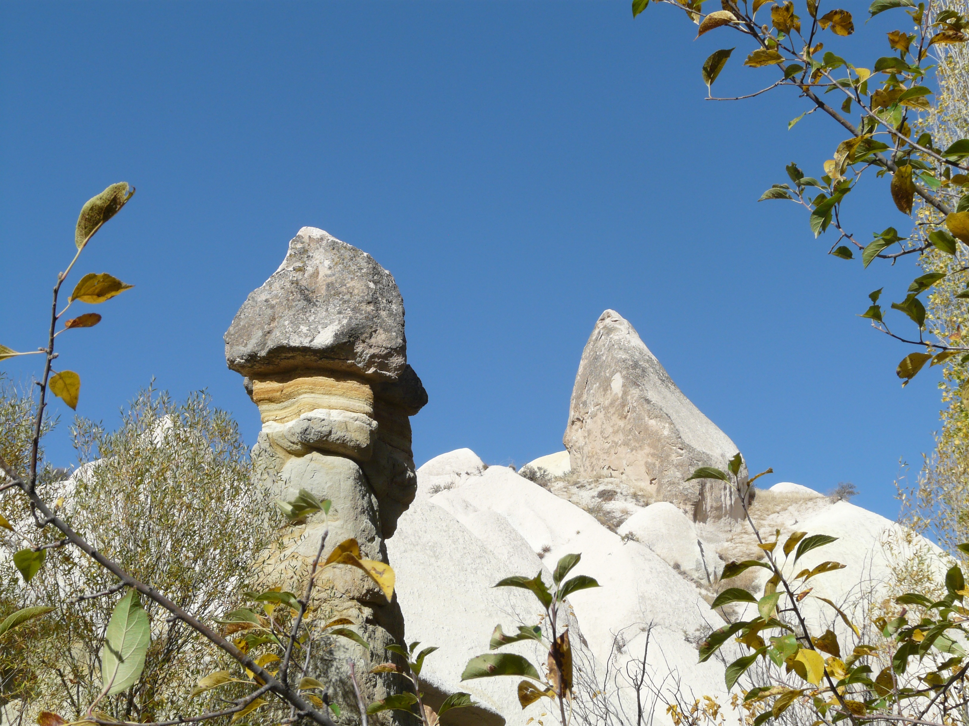 cappadocia, green, fairy towers, no people, leafed, plant, cliff, gray, belief, travel destinations, clear sky, built structure, 2K, near, solid, outdoors, HD Wallpaper