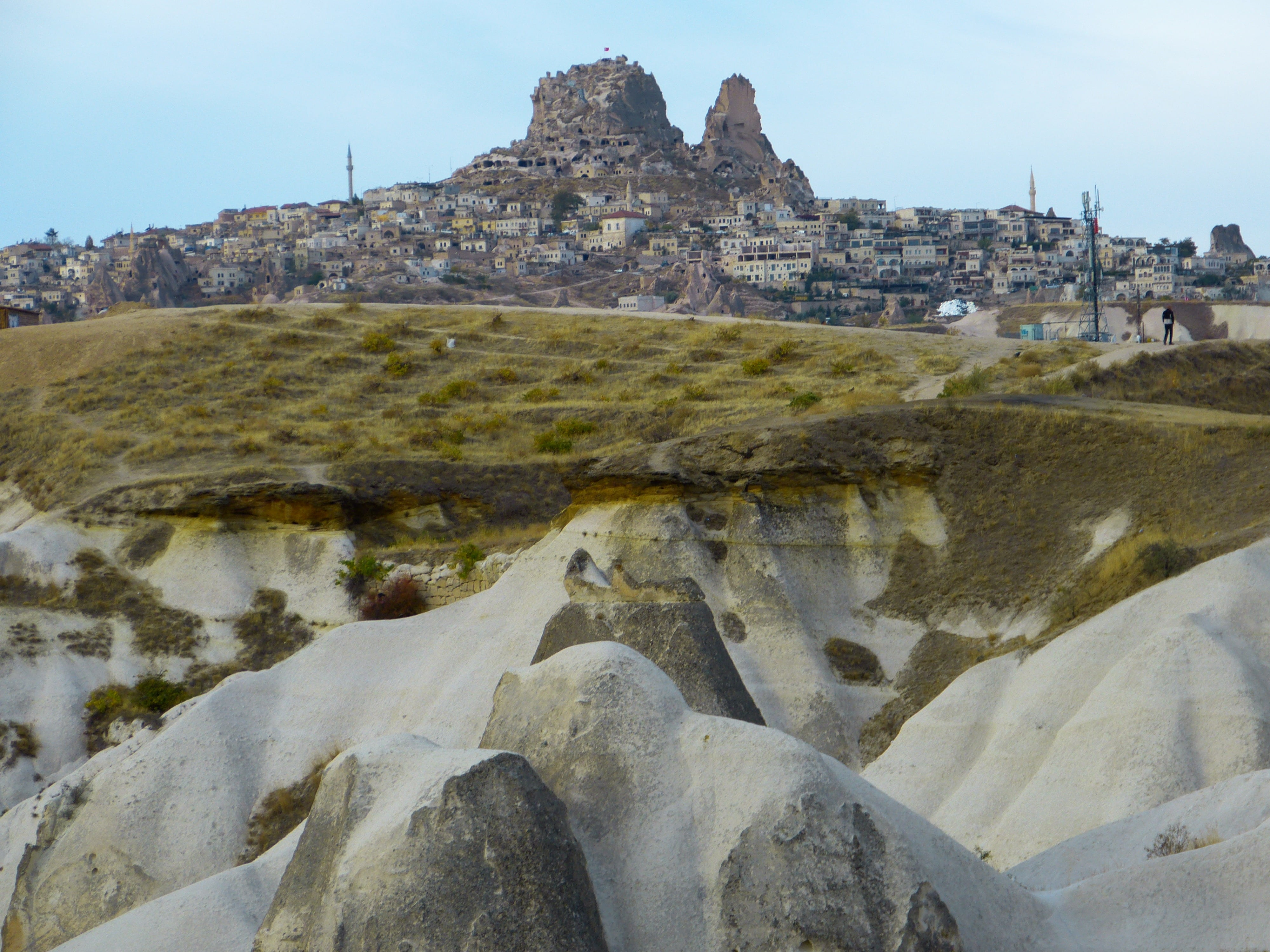 built structure, cliff, land, water, outdoors, low angle view, turkey, mountain, no people, rock apartments, city, abbey, 4K, rock - object, rock, sky, HD Wallpaper
