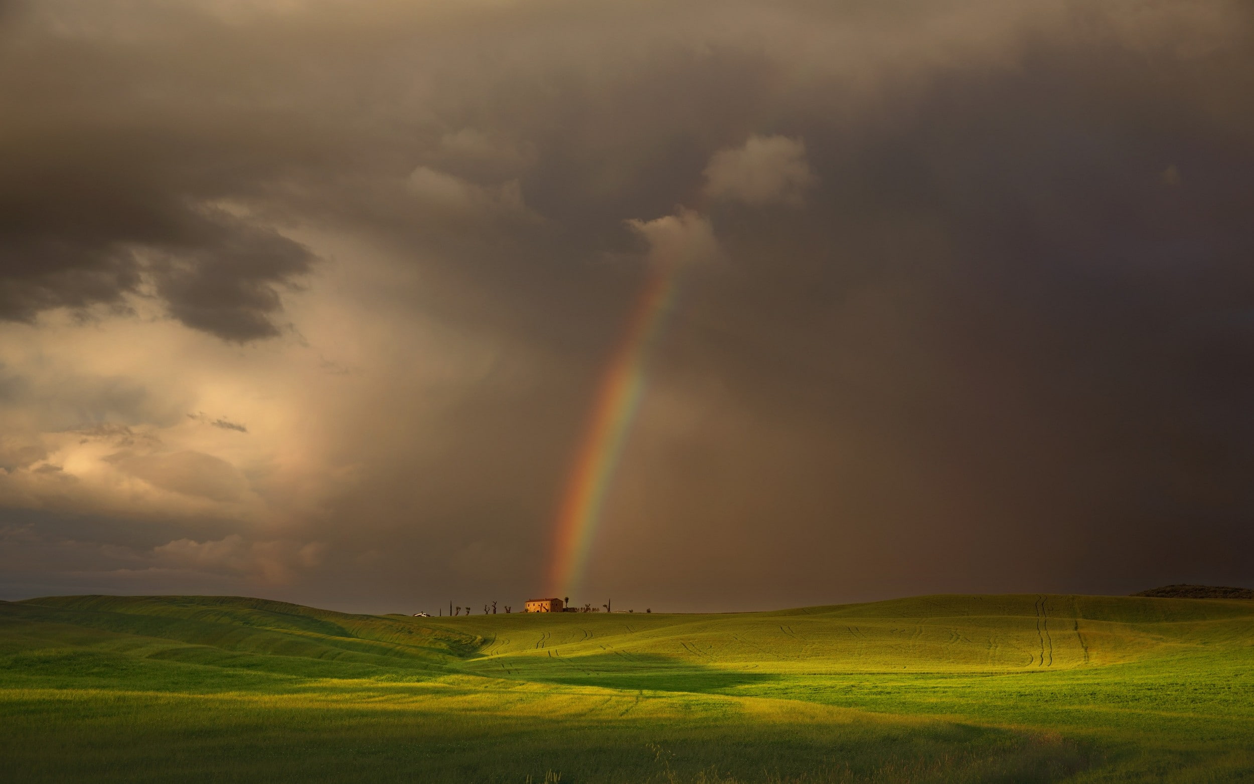 field, land, house, nature, rainbow, plant, green, 1080P, cloud - sky, scenics - nature, environment, hills, non-urban scene, sky, storm, landscape, beauty in nature, HD Wallpaper
