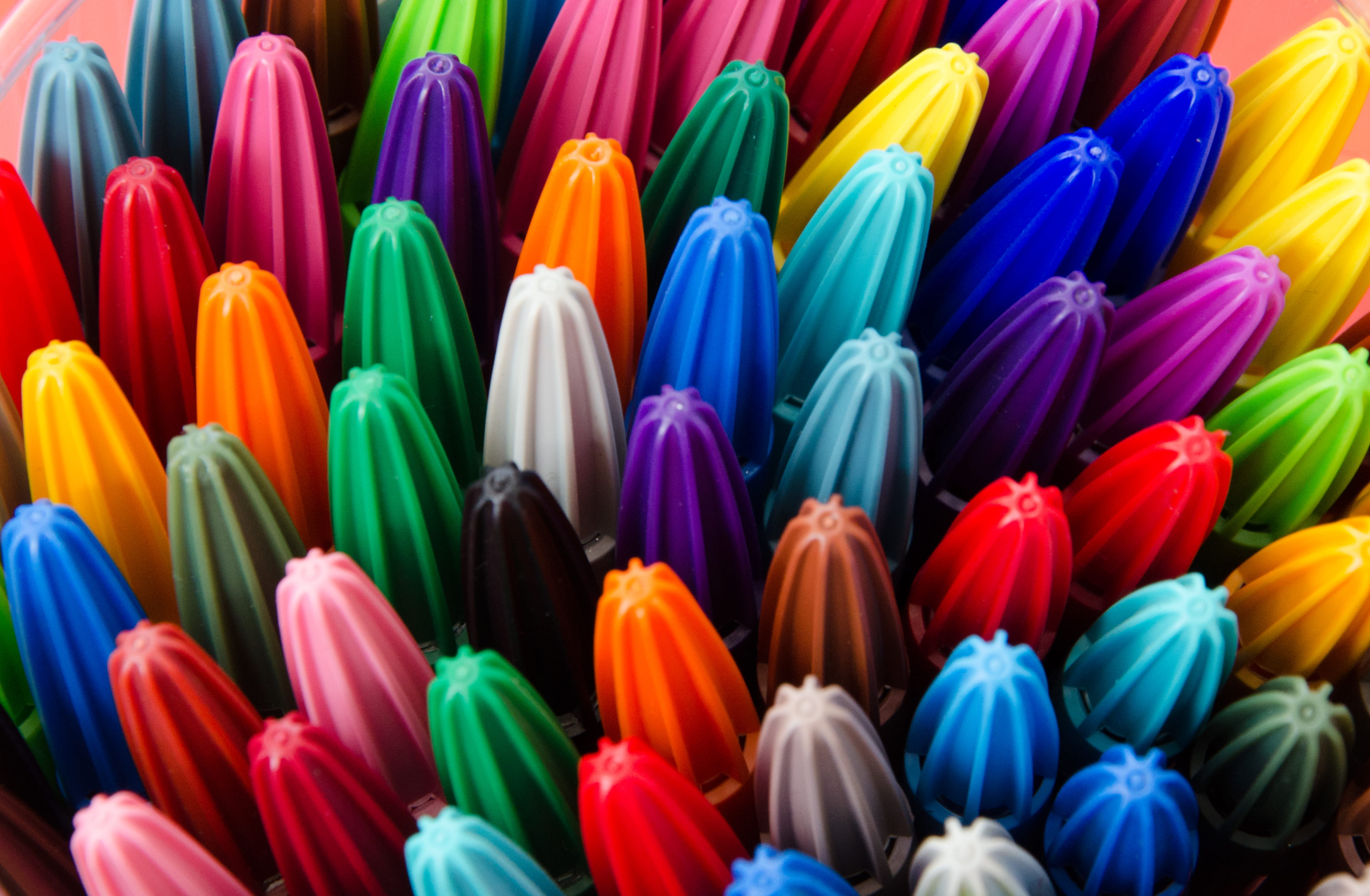 yellow, plastic, food and drink, bright, couleur, orange color, no people, 4K, pattern, blue, industry, pen, multi colored, variation, in a row, backgrounds, HD Wallpaper