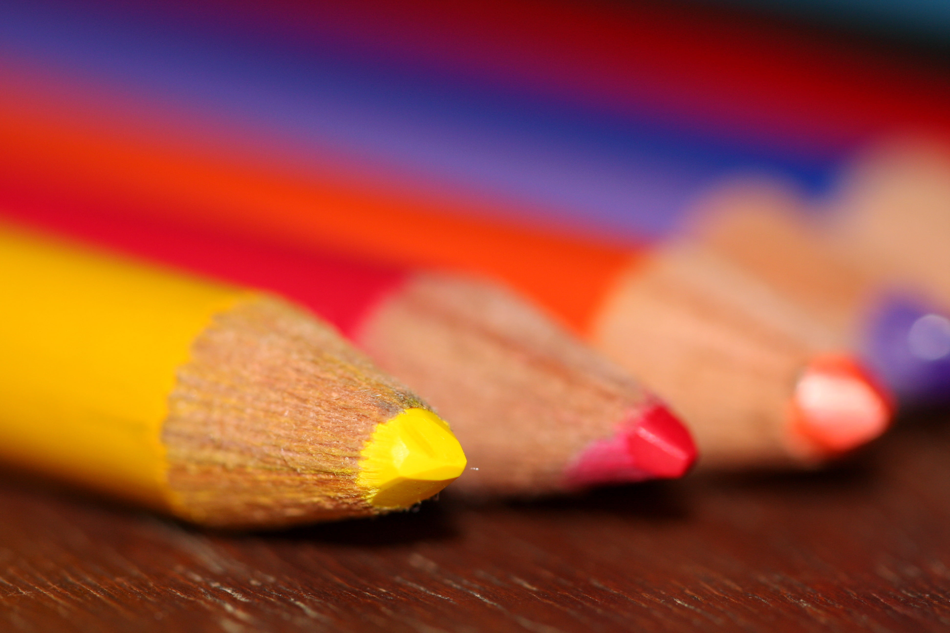 red, yellow color, wood - Material, drawing, selective focus, multi Colored, pencil, focus, close-up, yellow, macro, spectrum, colored, 4K, colors, education, HD Wallpaper