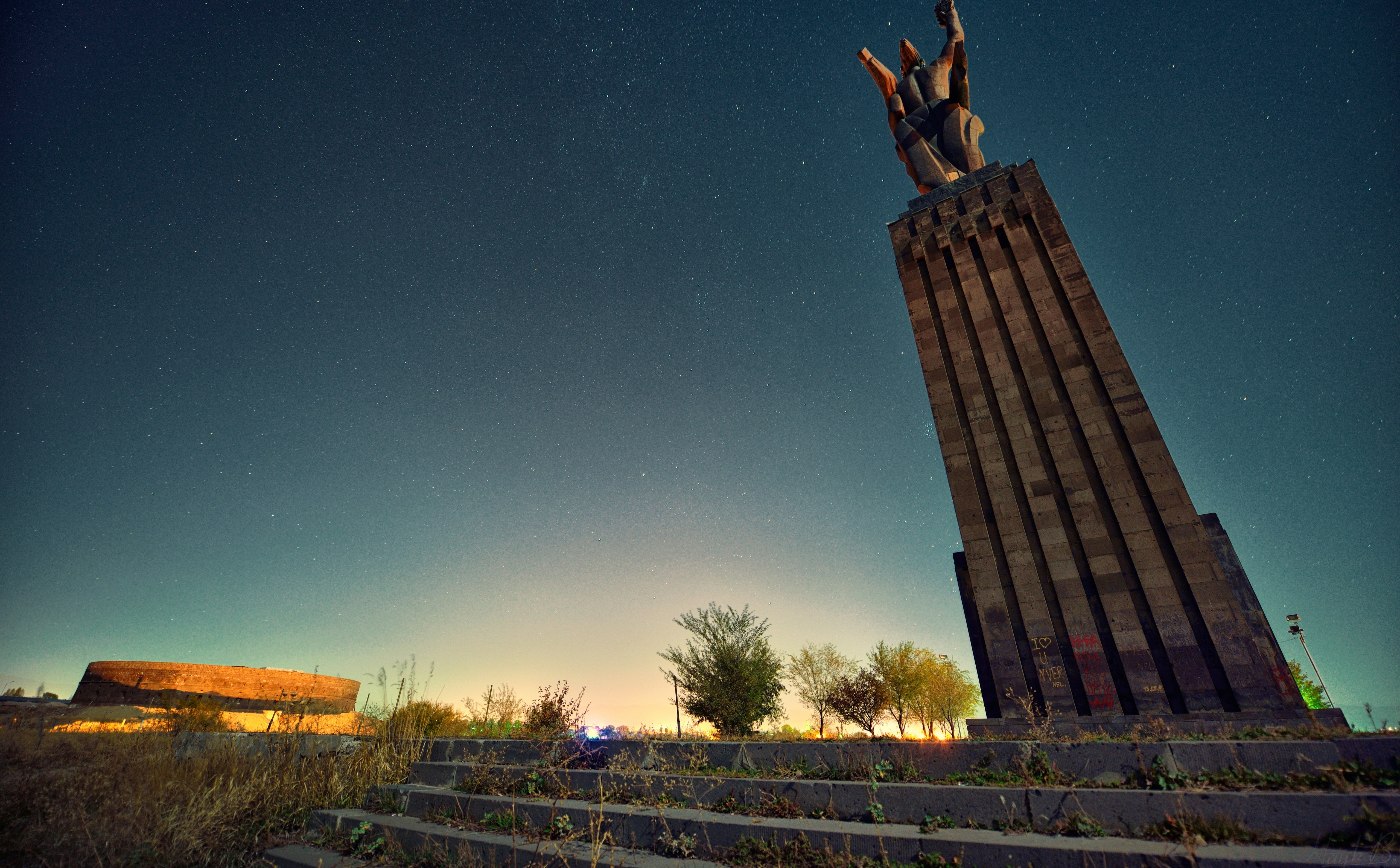 Stars, building exterior, hayk, no people, blue, plant, sky, tower, architecture, tree, religion, blue sky, the past, low angle view, armenia, Golden, gyumri, HD Wallpaper