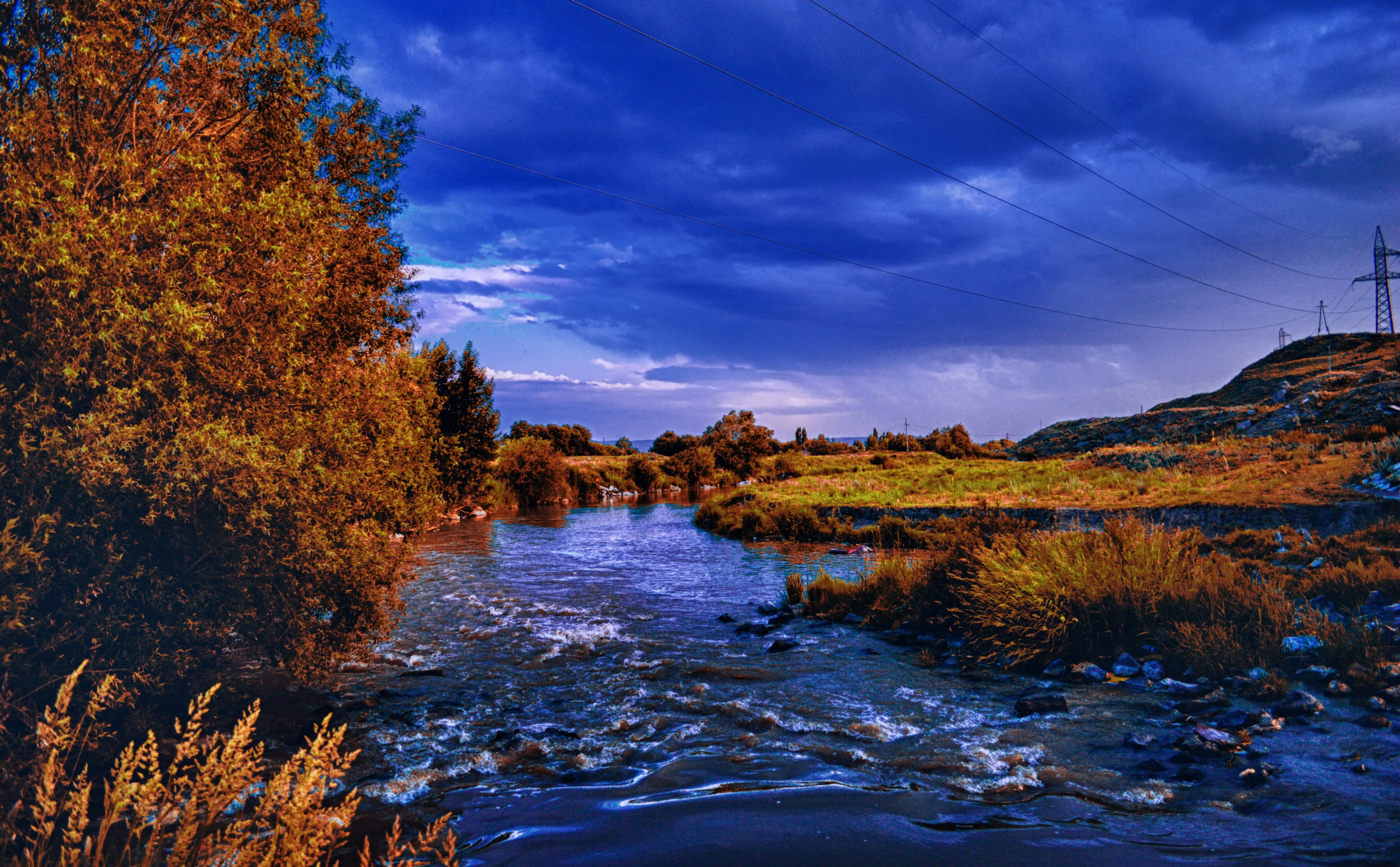 5K, growth, clouds, orange color, trees, Autumn, body, tree, tranquility, armenia, water, scenics - nature, beauty in nature, flowing water, HD Wallpaper