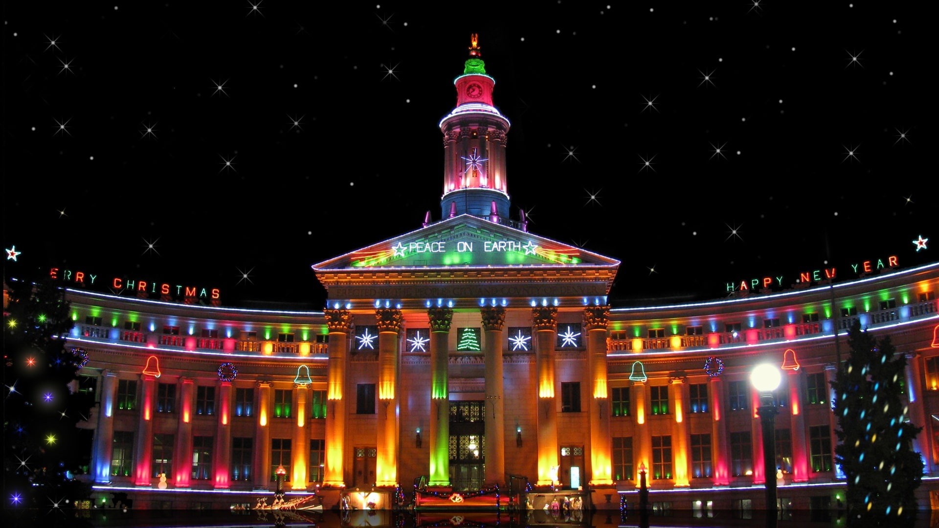 Happy New Year, words, 1080P, low angle view, the building, Peace on Earth, USA, tower, tree, illuminated, spire, watch, night, New year, built structure, HD Wallpaper