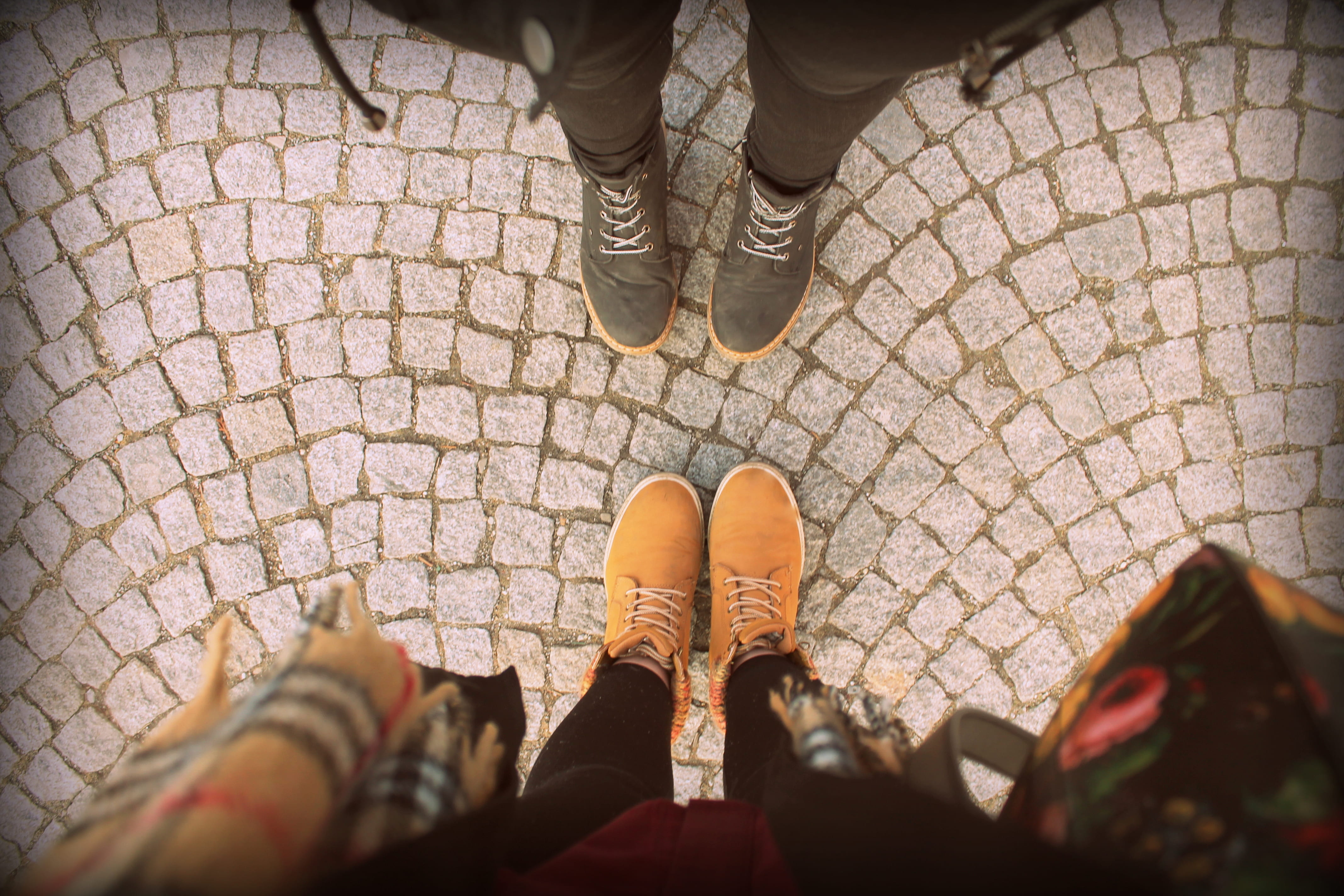 outdoors, bag, orange, brown, men, pavement, low section, wearing, top, boot, human body part, sidewalk, two, photo, person, sneakers, lifestyles, friend, HD Wallpaper