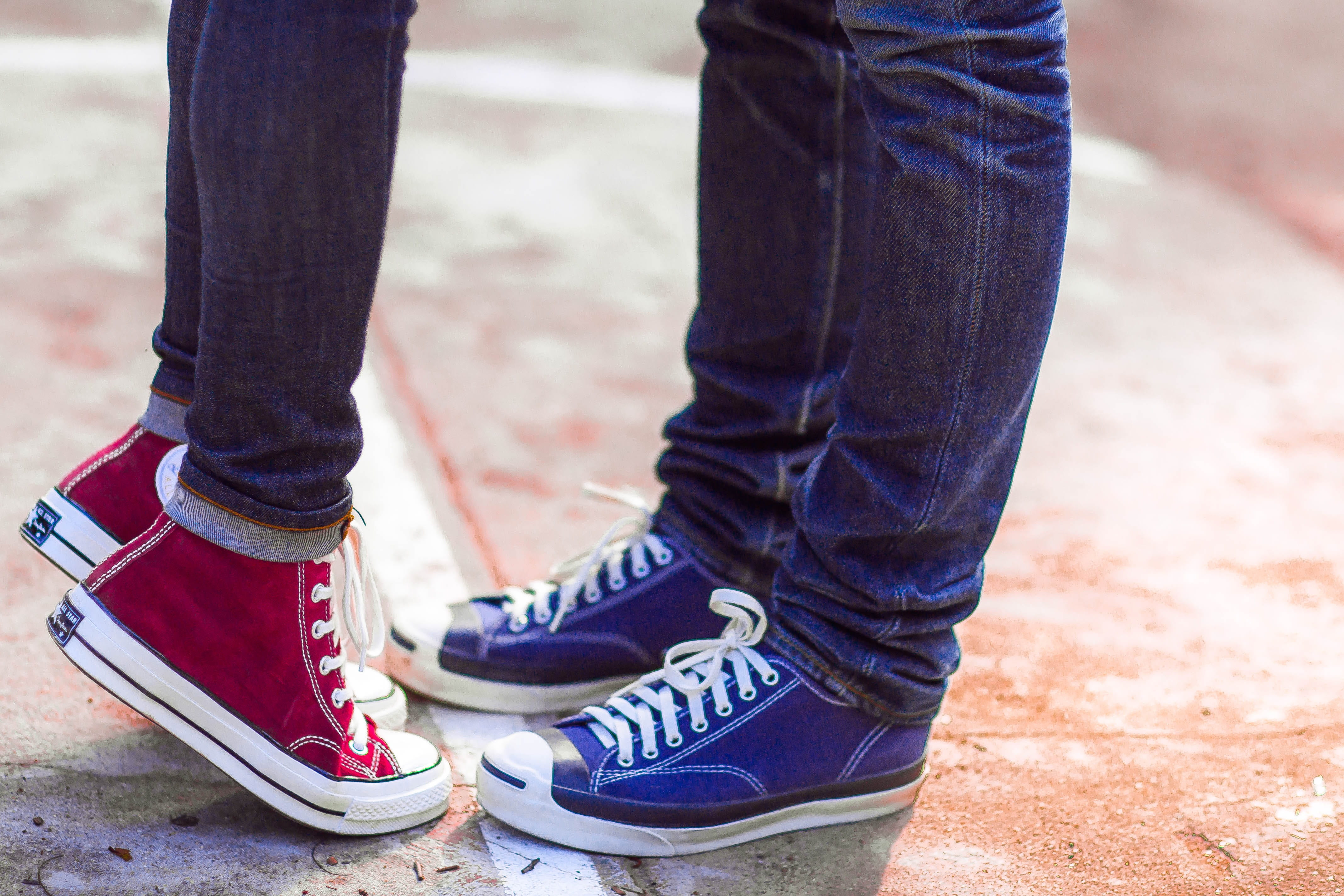 two, close-up, leather, high, person, top, Sneaker, outdoors, adult, day, limb, wearing, low section, Lover, body part, 4K, focus on foreground, blue, HD Wallpaper