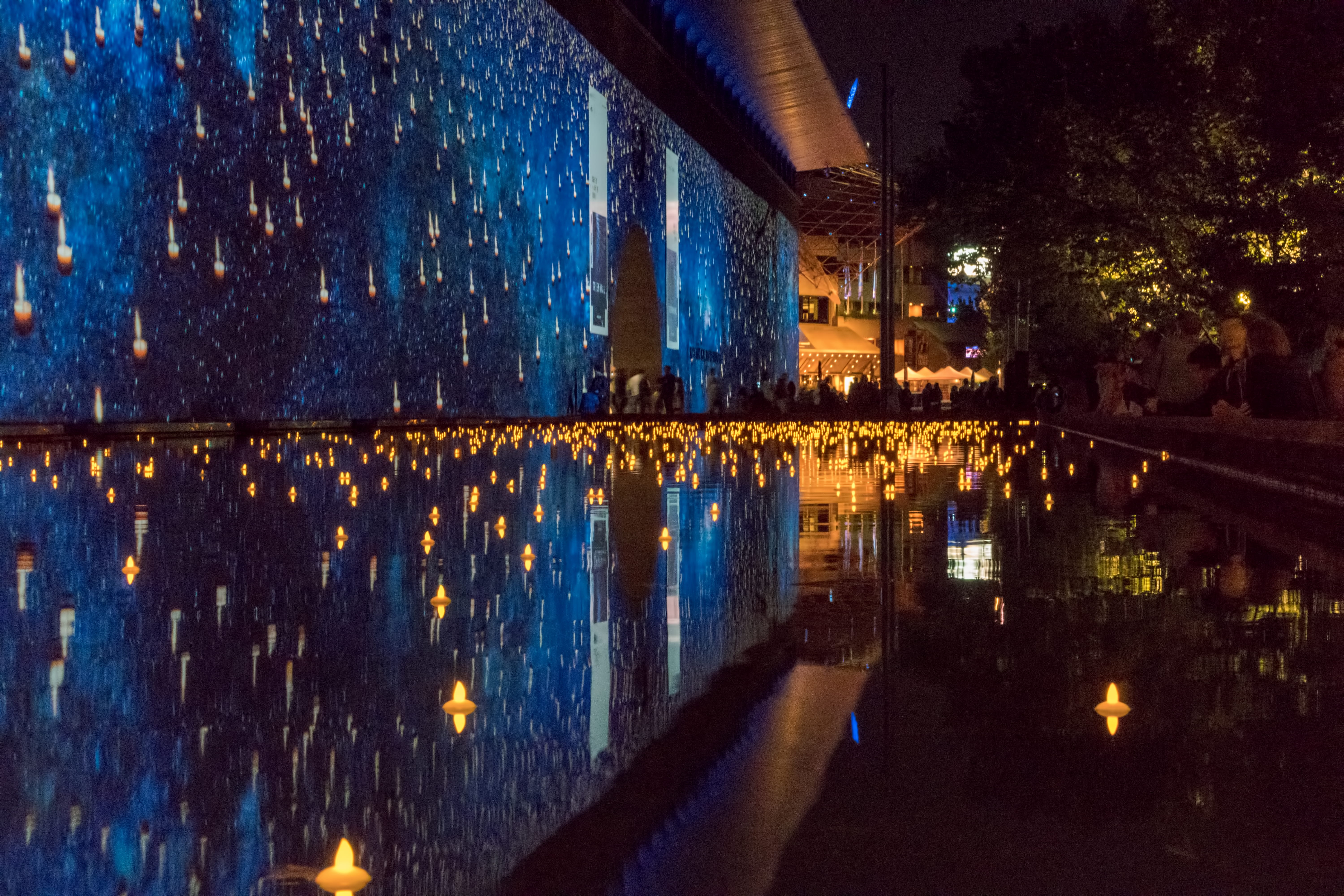 serenity, melbourne, night, white night, lights, nightlife, travel destinations, reflection, national gallery of victoria, waterfront, light on water, illuminated, HD Wallpaper