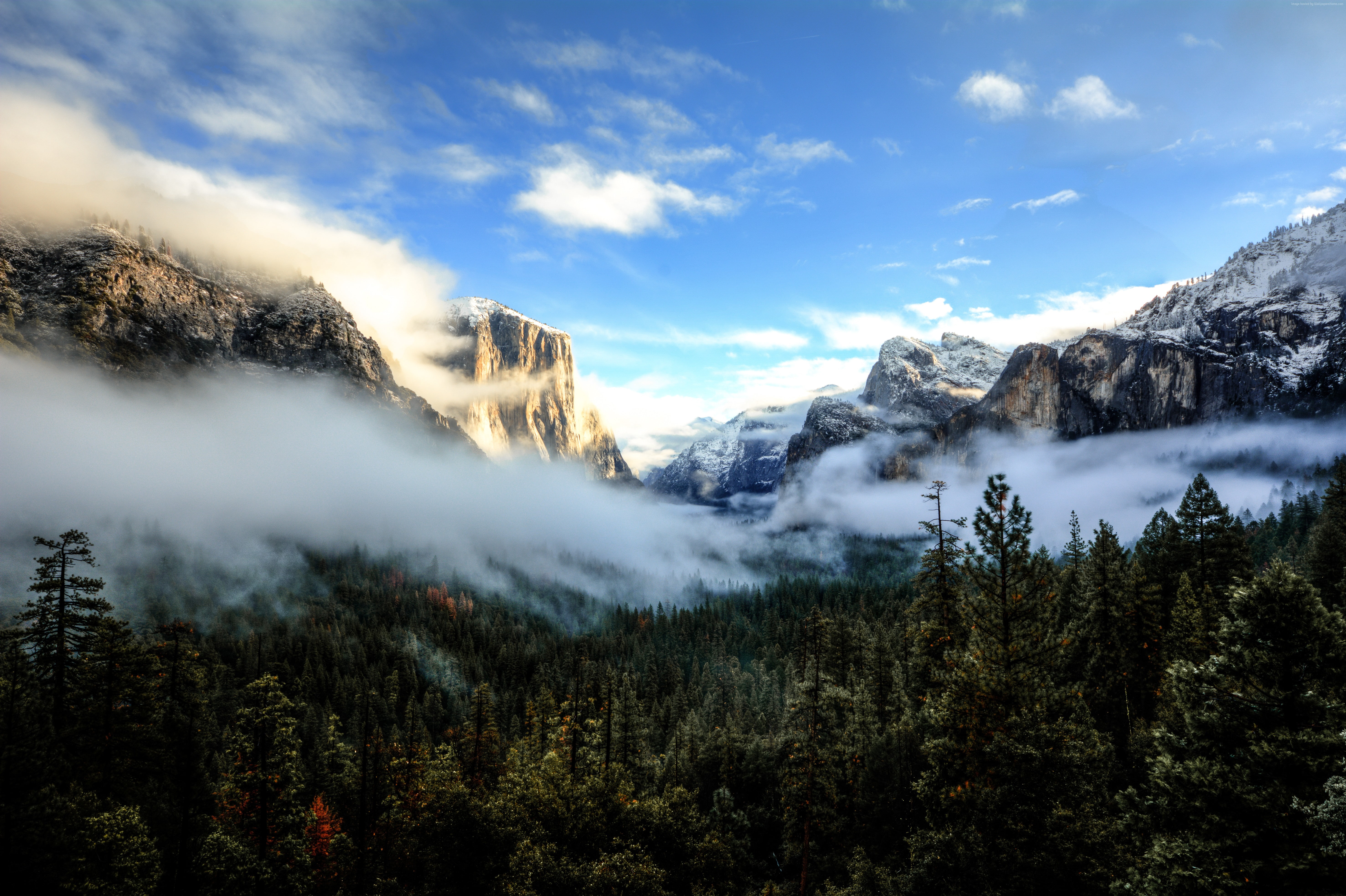 mountains, Sunset, 4k, 5K, Tunnel View, Yosemite, pines, 5k, 8k, CA, clouds, HD Wallpaper