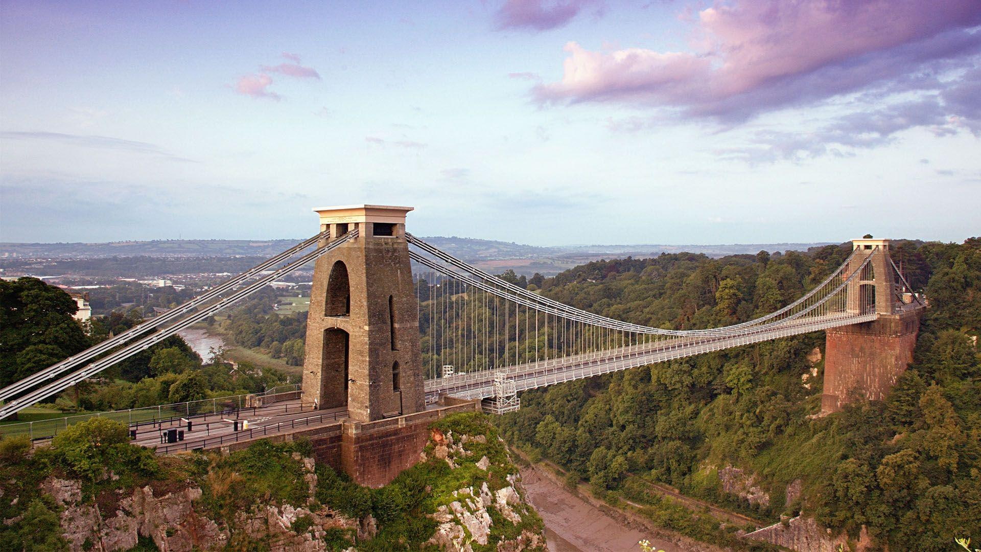 trees, river, cliffs, 1080P, bristol, landmark, bridge, concrete, clifton, nature and landscapes, suspension, HD Wallpaper