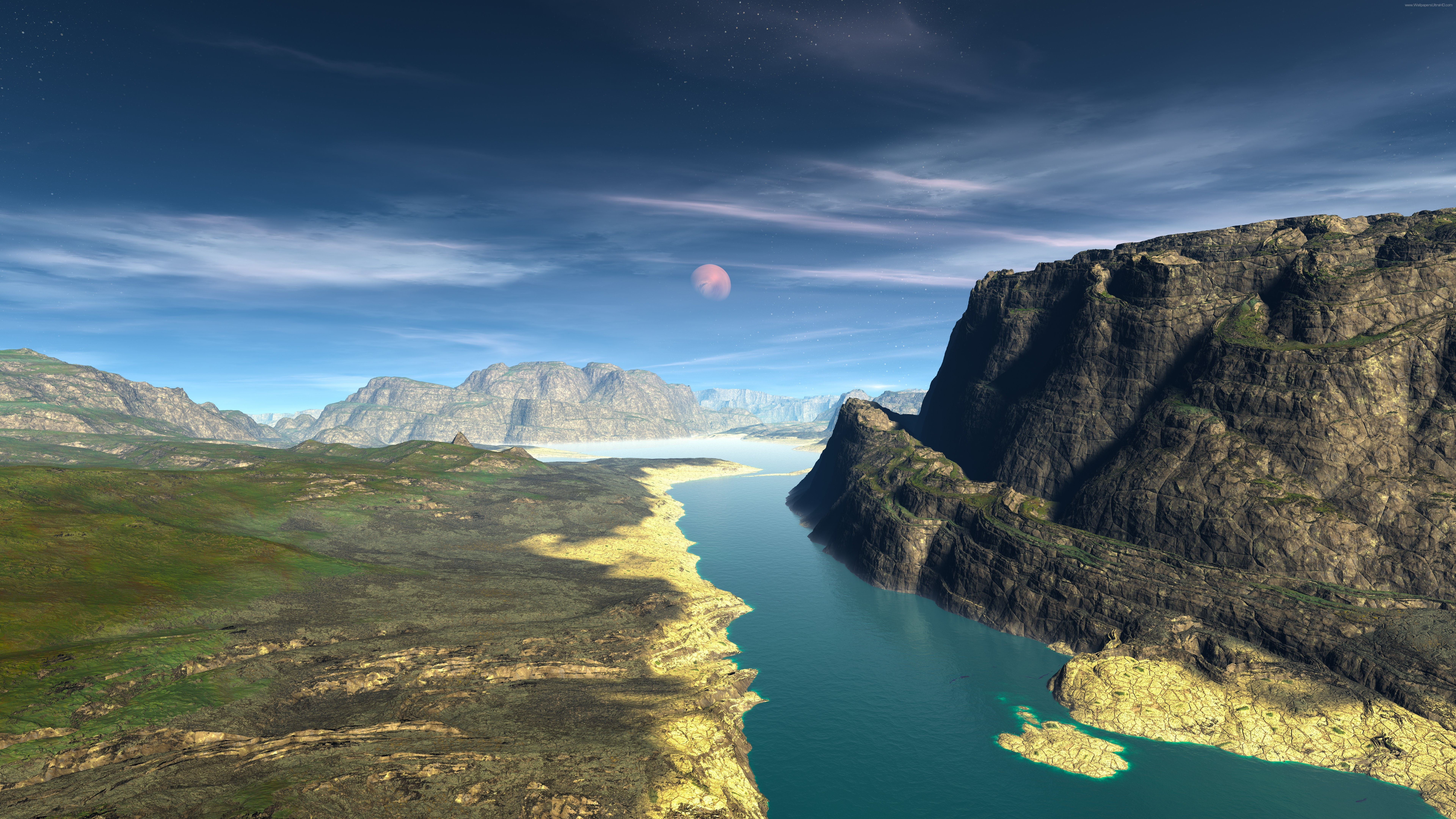 river, 8k, rock, fjord, cliff, 8K, mountain, highland, fantasy landscape, imagination, fantasy art, cloud, moon, nature, 8k uhd, landscape, water, sky, HD Wallpaper