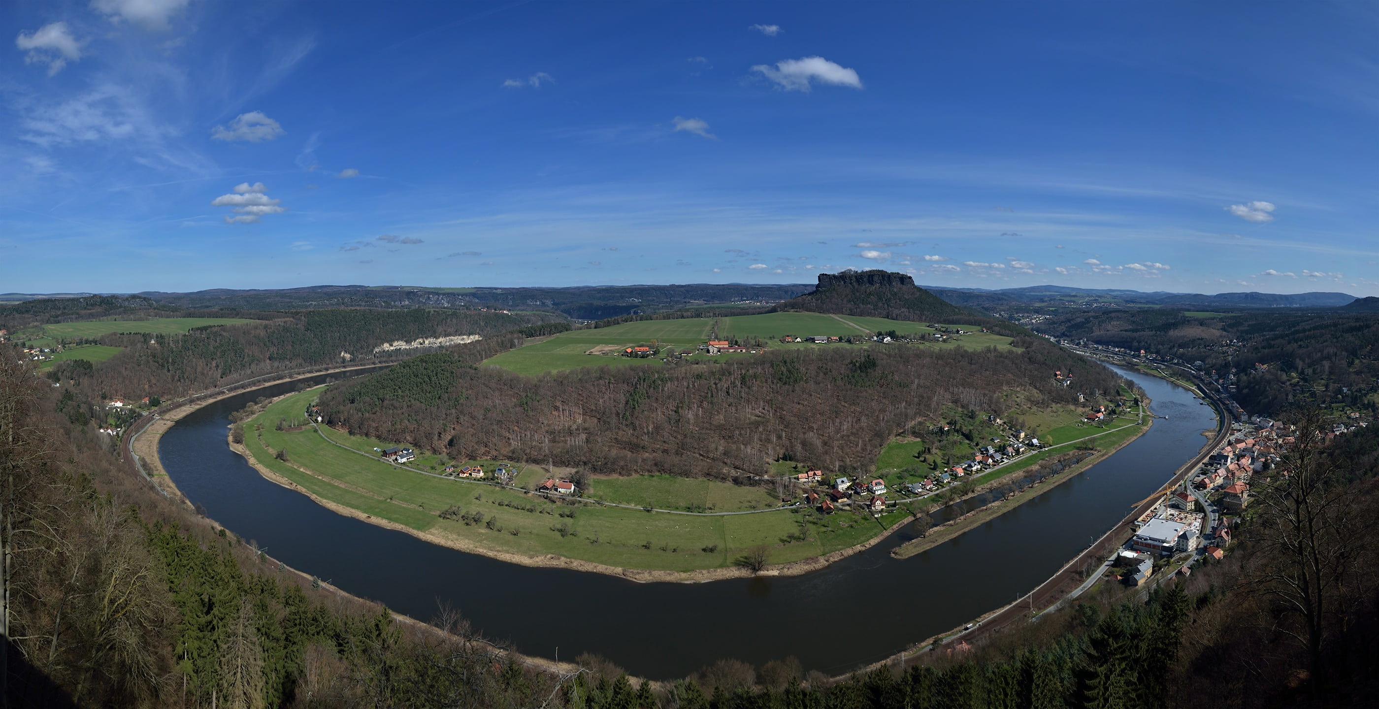 sky, architecture, 2K, high angle view, nature, elbe, river, road, curve, land, water, day, cirve, landscape, mountain, transportation, outdoors, vernal, HD Wallpaper