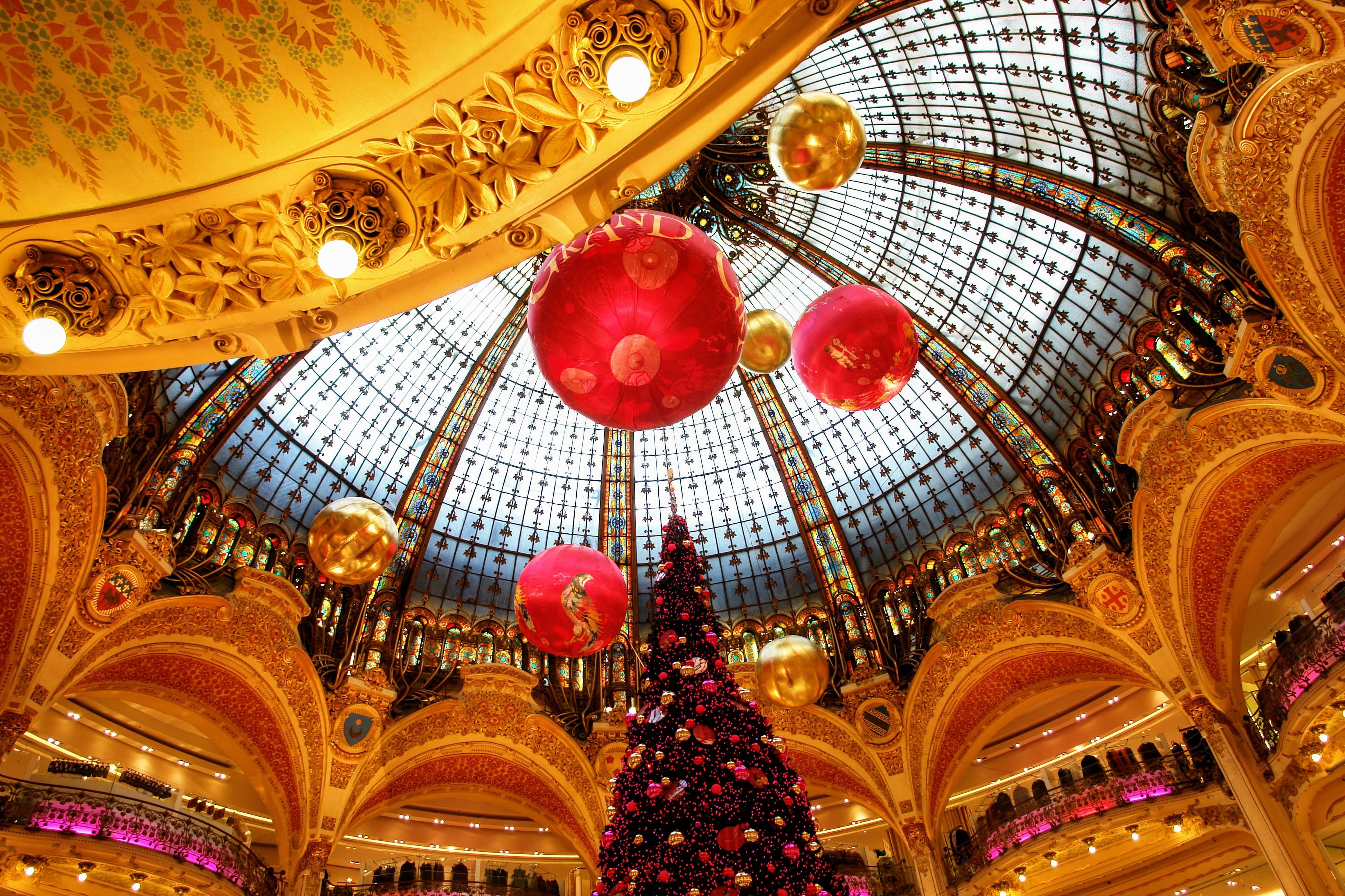 pattern, art and craft, france, gallery lafayette, built structure, hanging, la fayette, luxury, shopping arcade, architectural column, christmas, light, HD Wallpaper