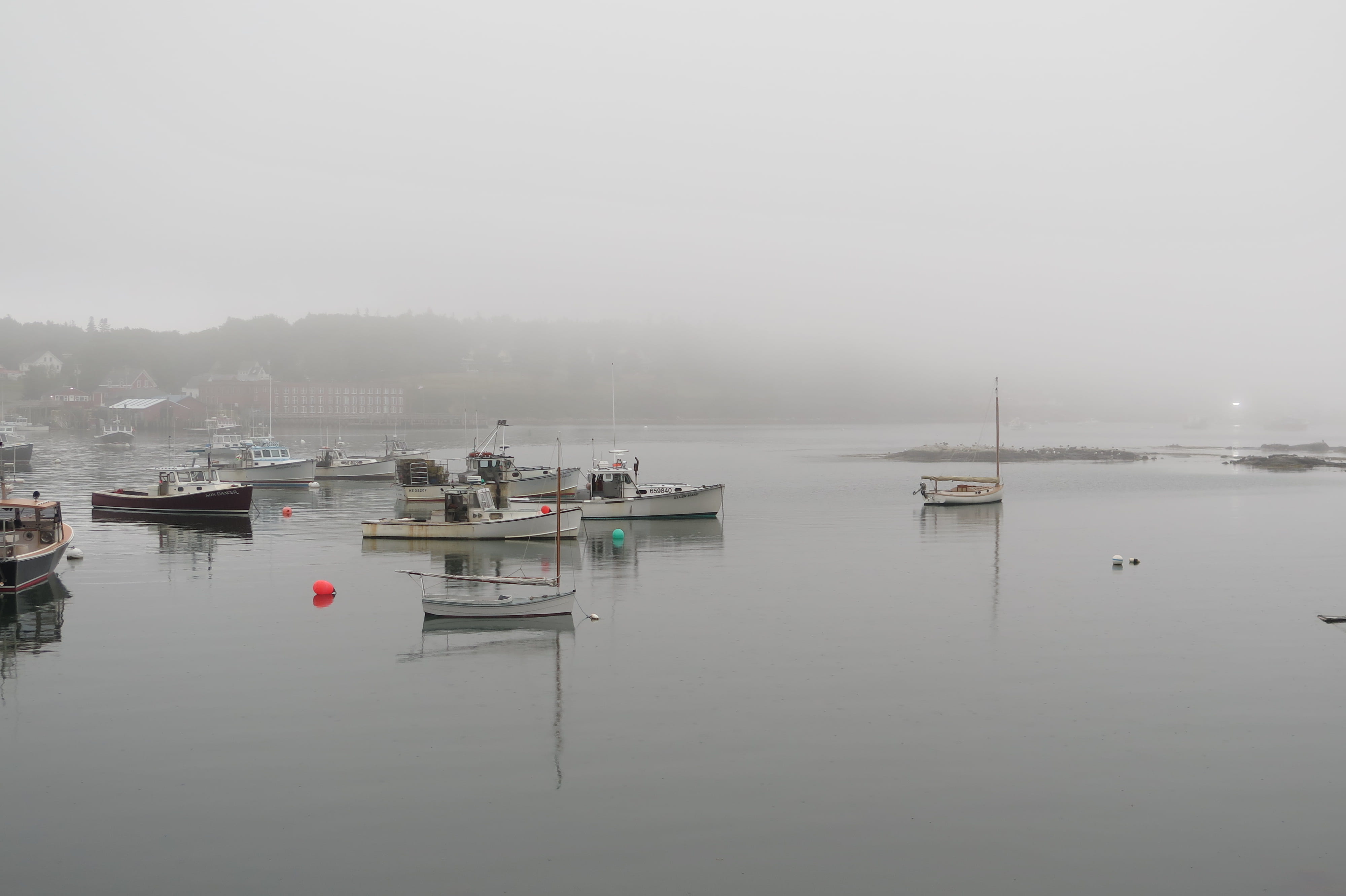 water, mode of transportation, reflection, waterfront, tranquil scene, mist, fishing, beauty in nature, tremont, sky, united states, moored, fishing boats, HD Wallpaper