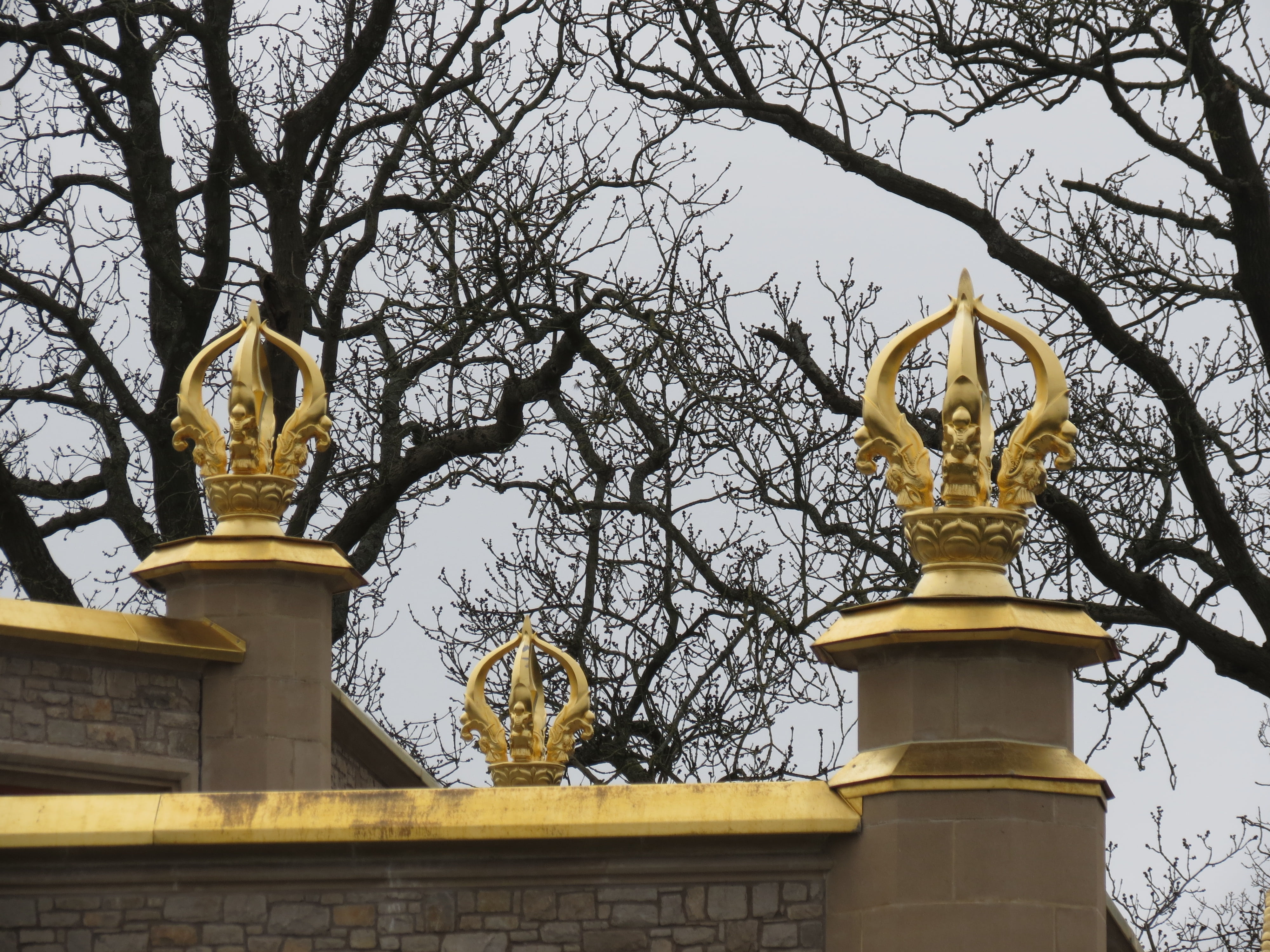 religion, sky, ornate, sculpture, five pronged vajra, architecture, bare tree, creativity, human representation, branch, temple, no people, built structure, HD Wallpaper