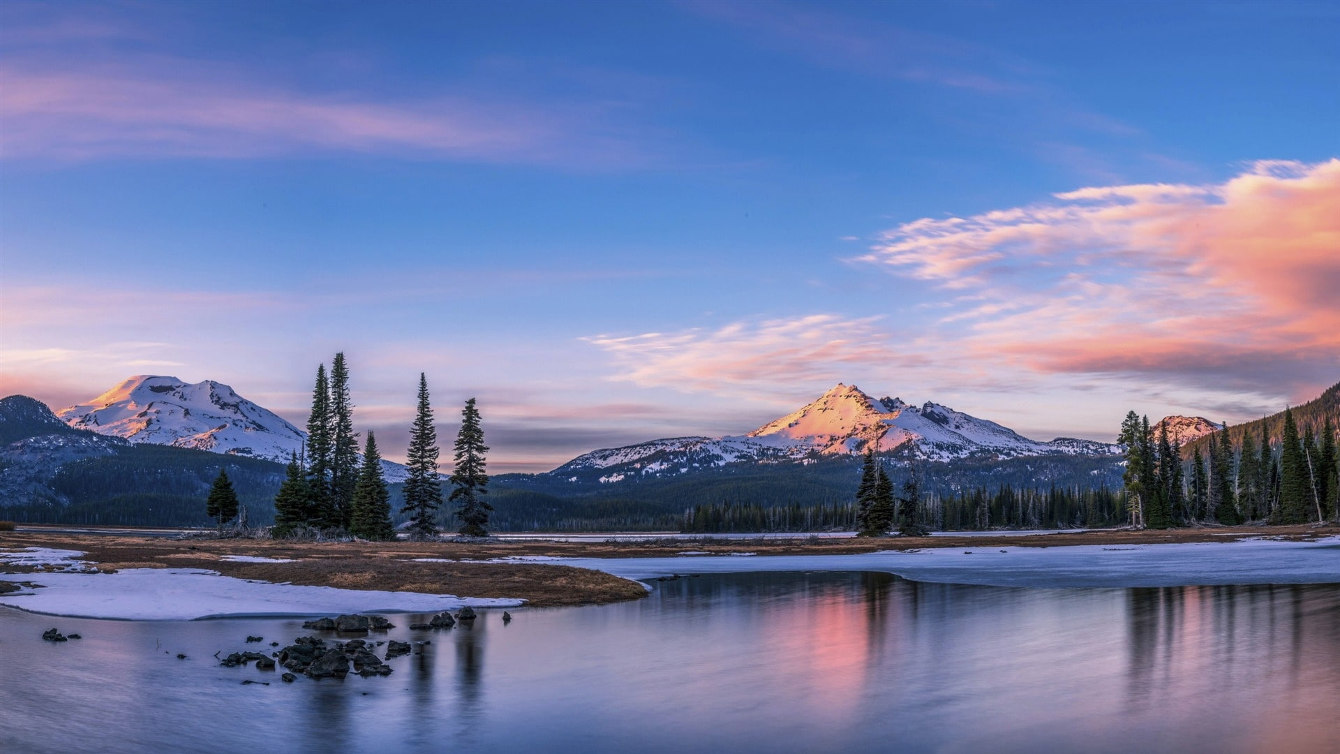 united states, snow, sparks lake, wilderness, winter landscape, lake, morning, mountain lake, mountain, 1080P, oregon, winter, HD Wallpaper