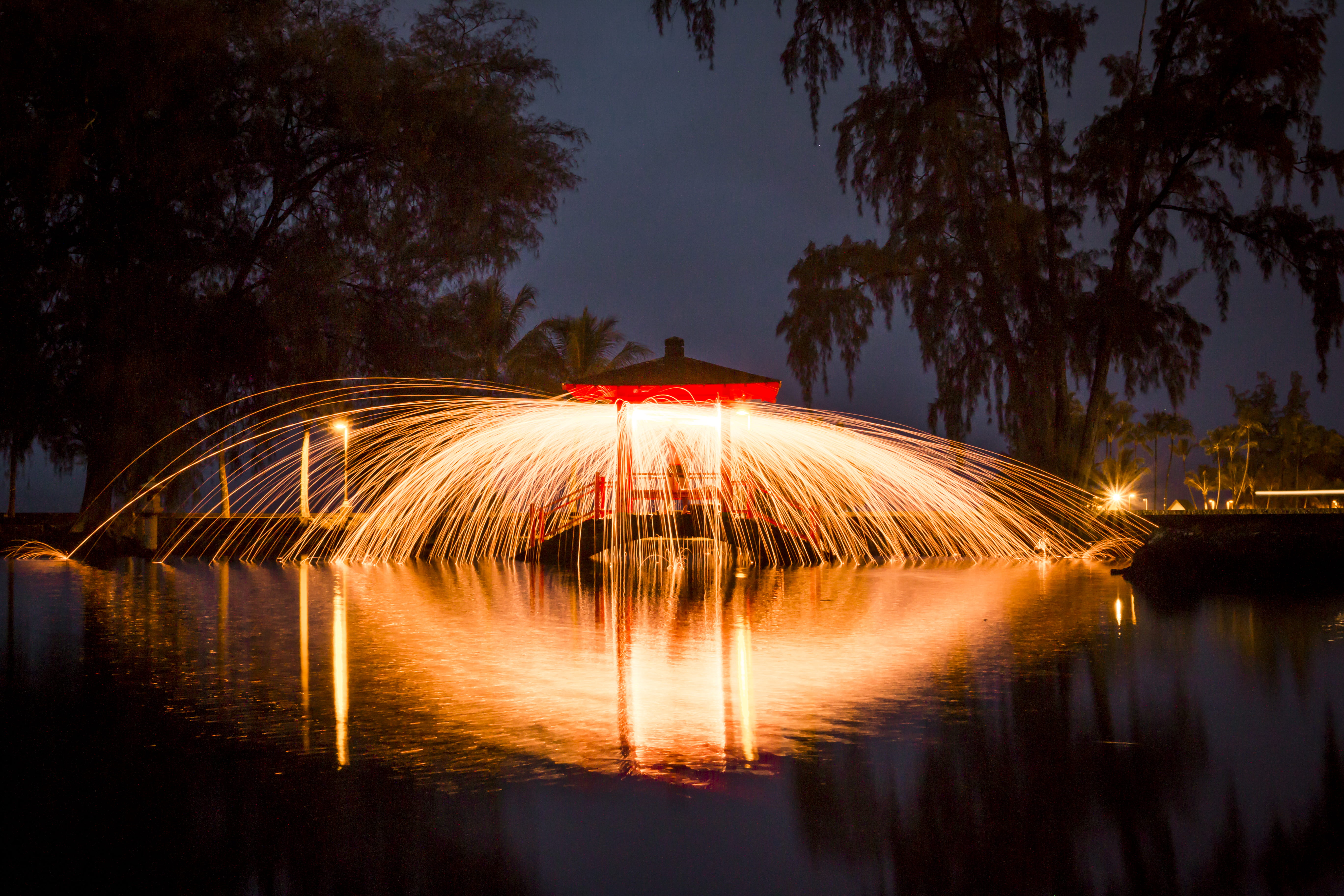 orange, fire, glow, fountain, illuminated, led, sparks, water, long exposure, light paint, japanese, house, plant, 5K, wire wool, outdoors, bright, blurred motion, HD Wallpaper