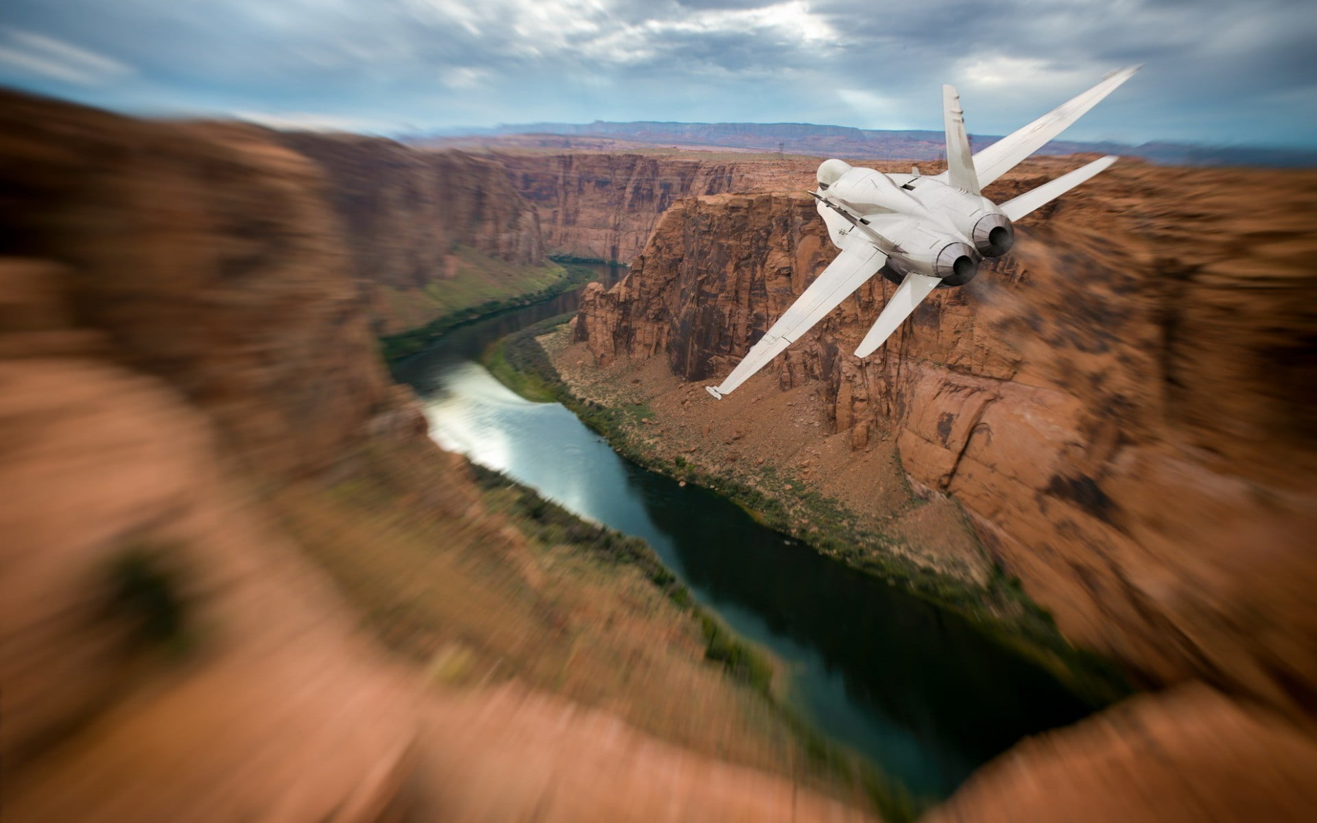 rock, air vehicle, landscape, McDonnell Douglas F/A-18 Hornet, no people, motion blur, canyon, birds eye view, mid-air, flying, white, scenics - nature, HD Wallpaper
