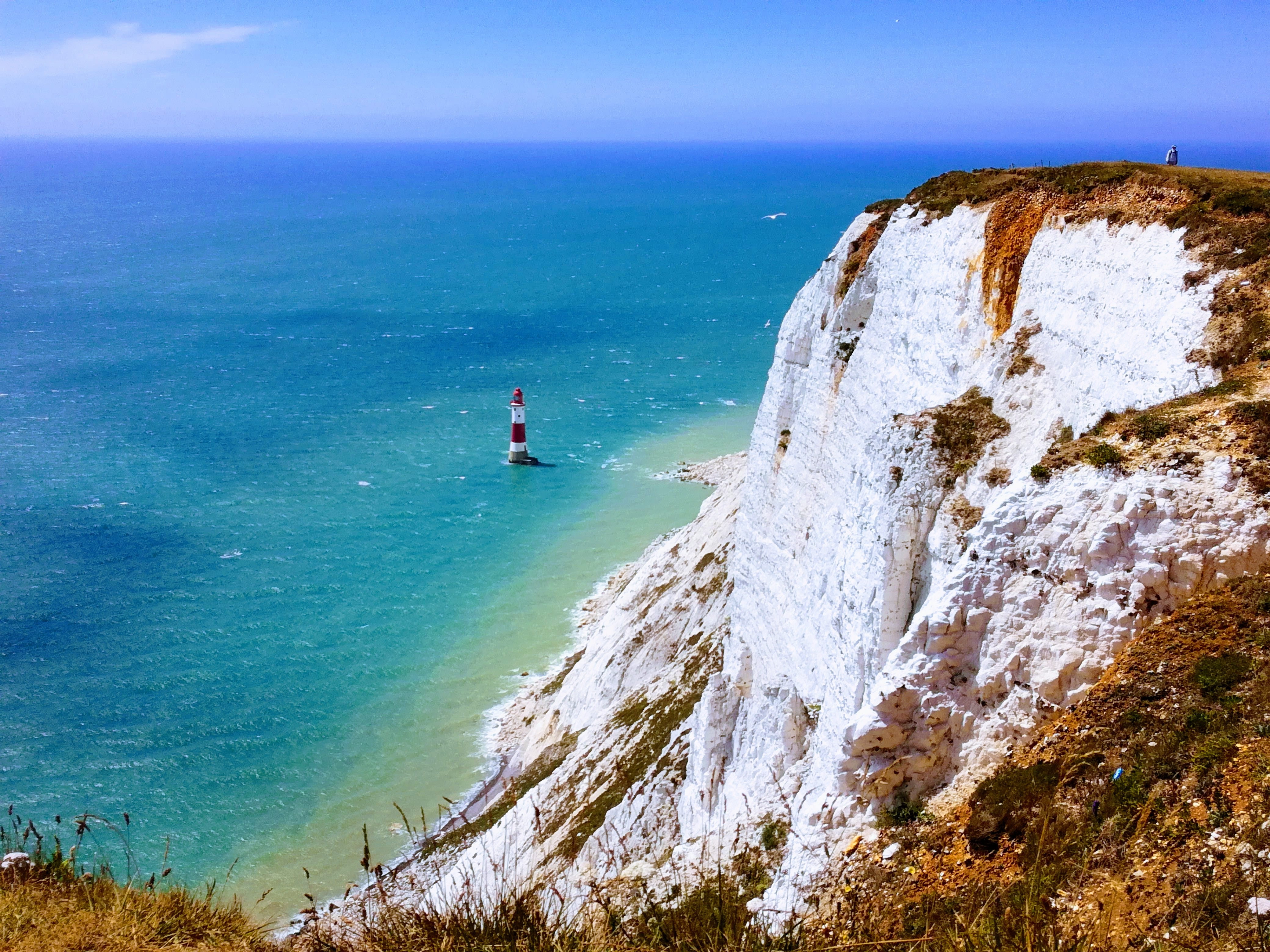 water, blue, solid, tranquility, sea, nature, scenics - nature, seven sisters, england, non-urban scene, tranquil scene, 4K, day, horizon over water, rock - object, HD Wallpaper