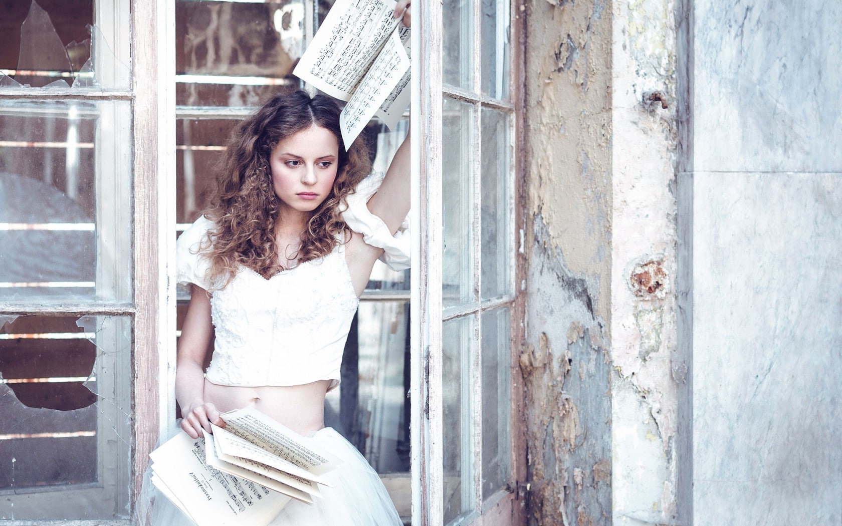 Looking Away, Skirt, White Tops, Women Outdoors, sitting, 720P, Long Hair, Broken Glass, women, brunette, window, Flat Belly, model, paper, Musical Notes, HD Wallpaper