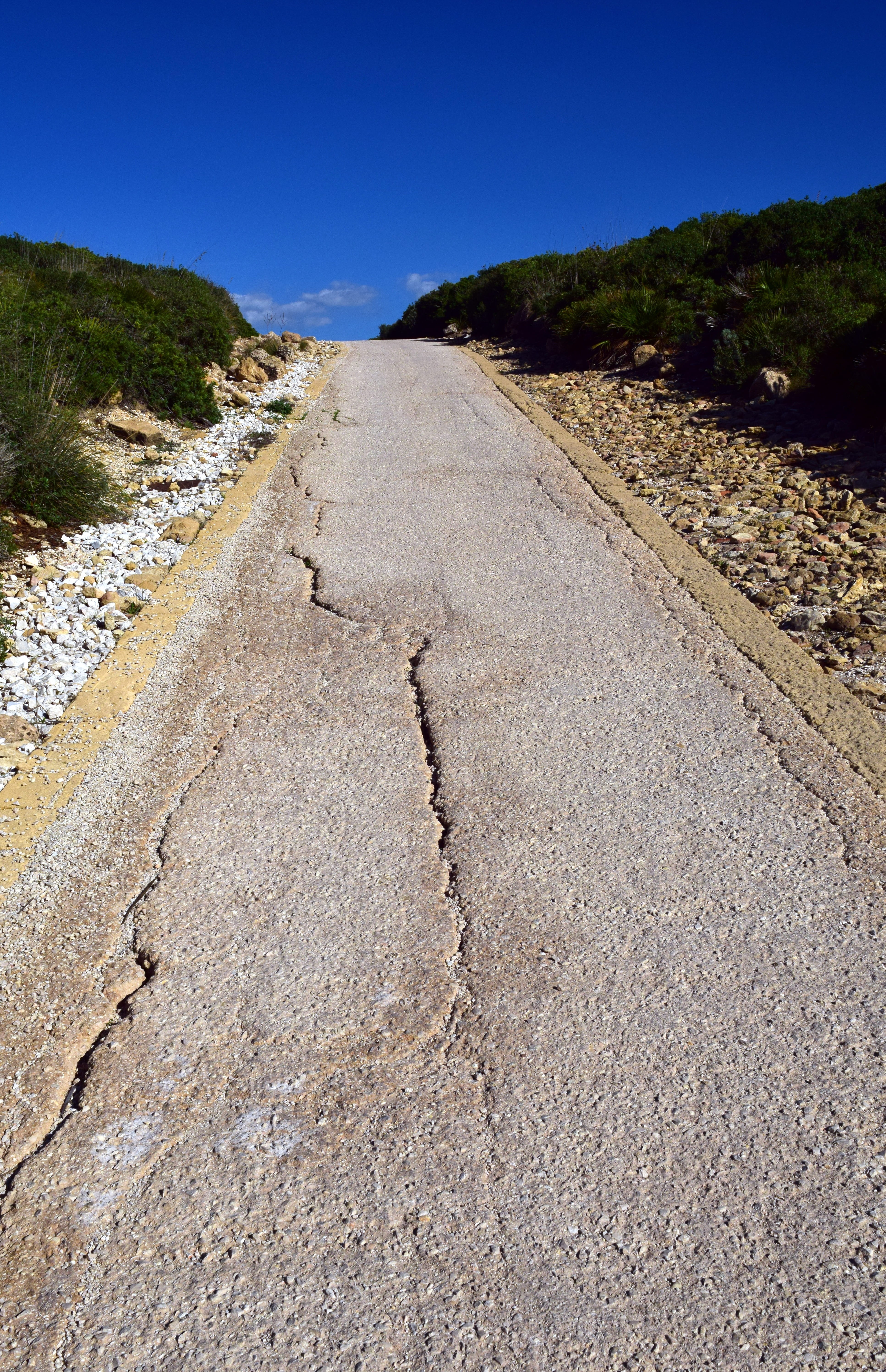 uphill, mediterranean, scenics - nature, outdoors, road, away, dirt road, narrow, broken, direction, the way forward, transportation, top, footprint, plant, Phone HD Wallpaper