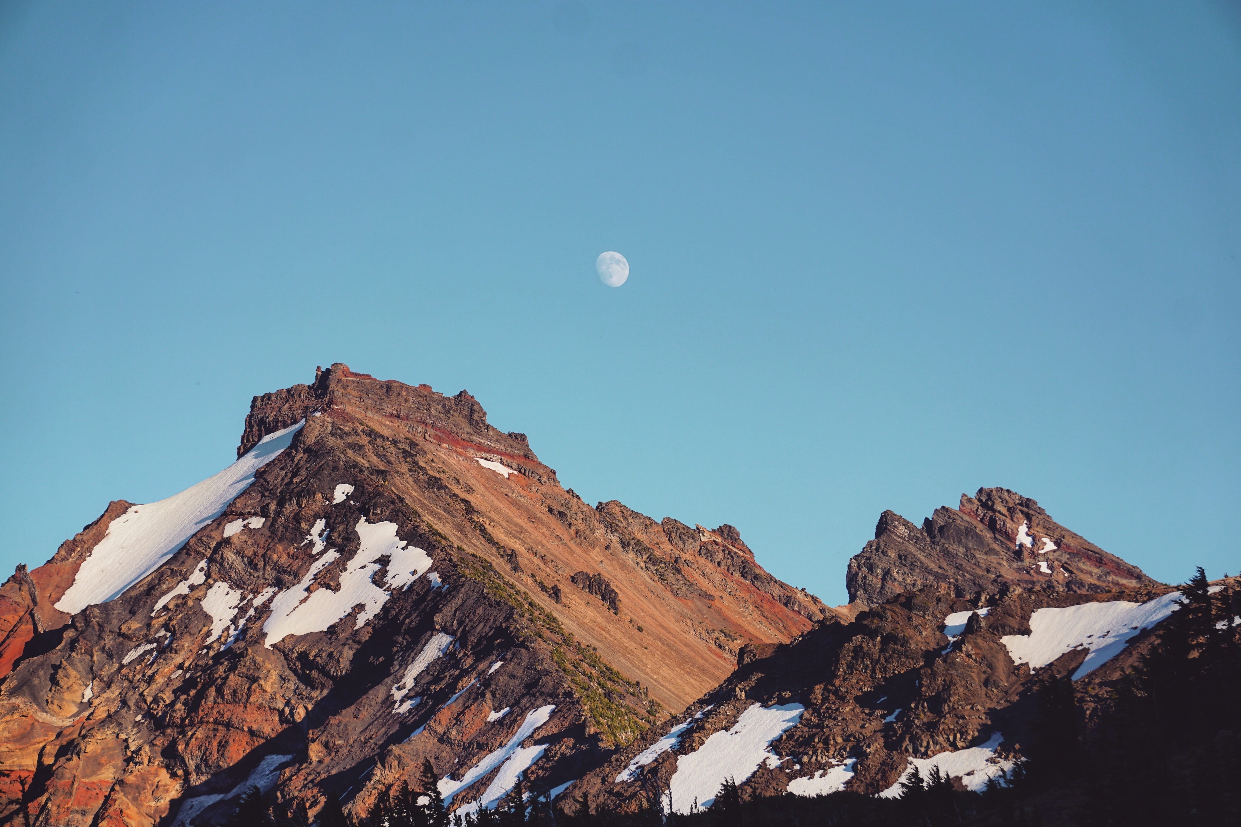 nature, outdoors, cold temperature, mountain, snowcapped mountain, Broken Top, mountain Peak, rock - Object, full moon, tranquility, daytime, tranquil scene, HD Wallpaper