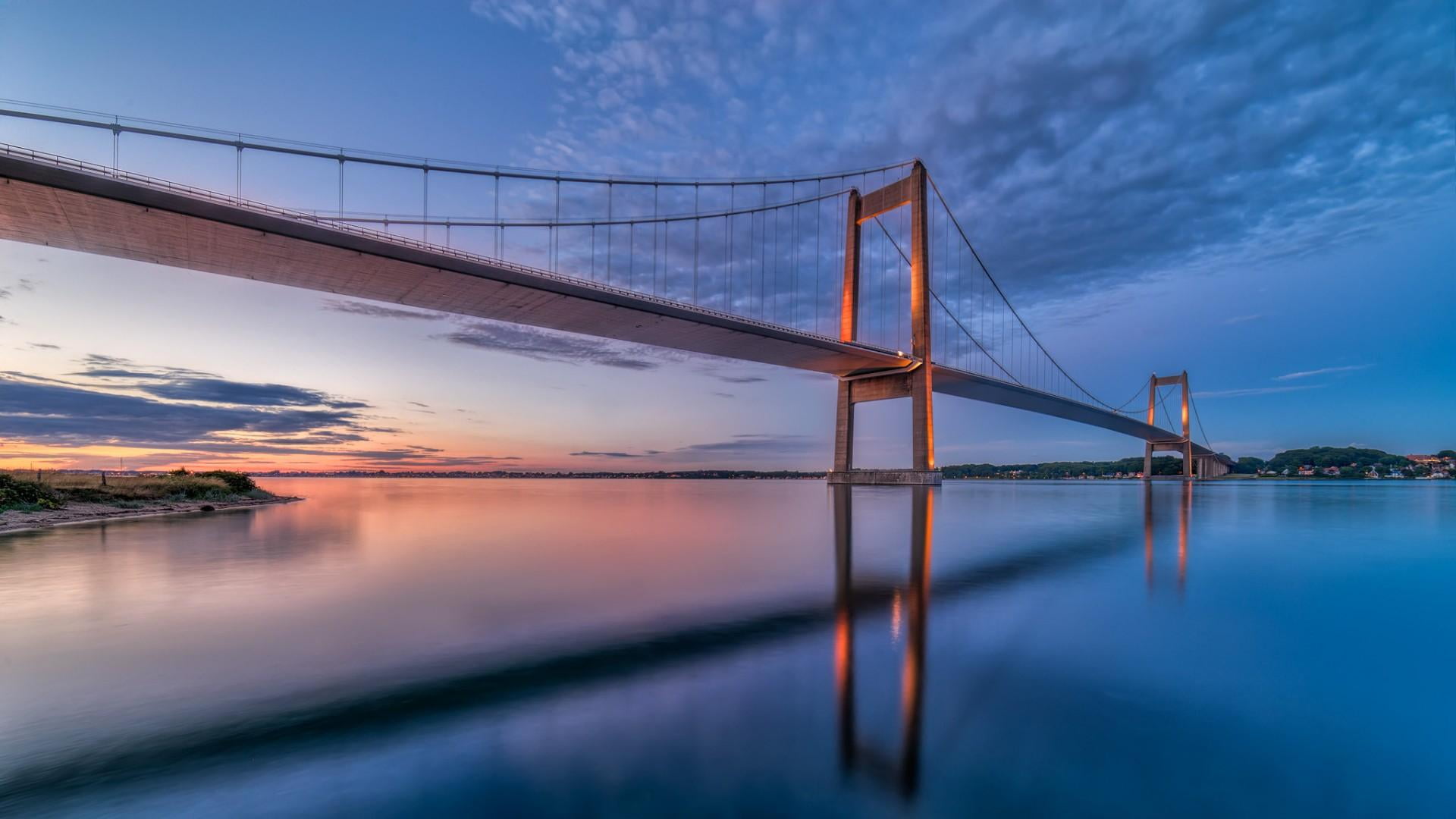 architecture, calm, cloud, waterway, built structure, horizon, bridge, travel destinations, no people, little belt bridge, dusk, sky, water, suspension bridge, HD Wallpaper